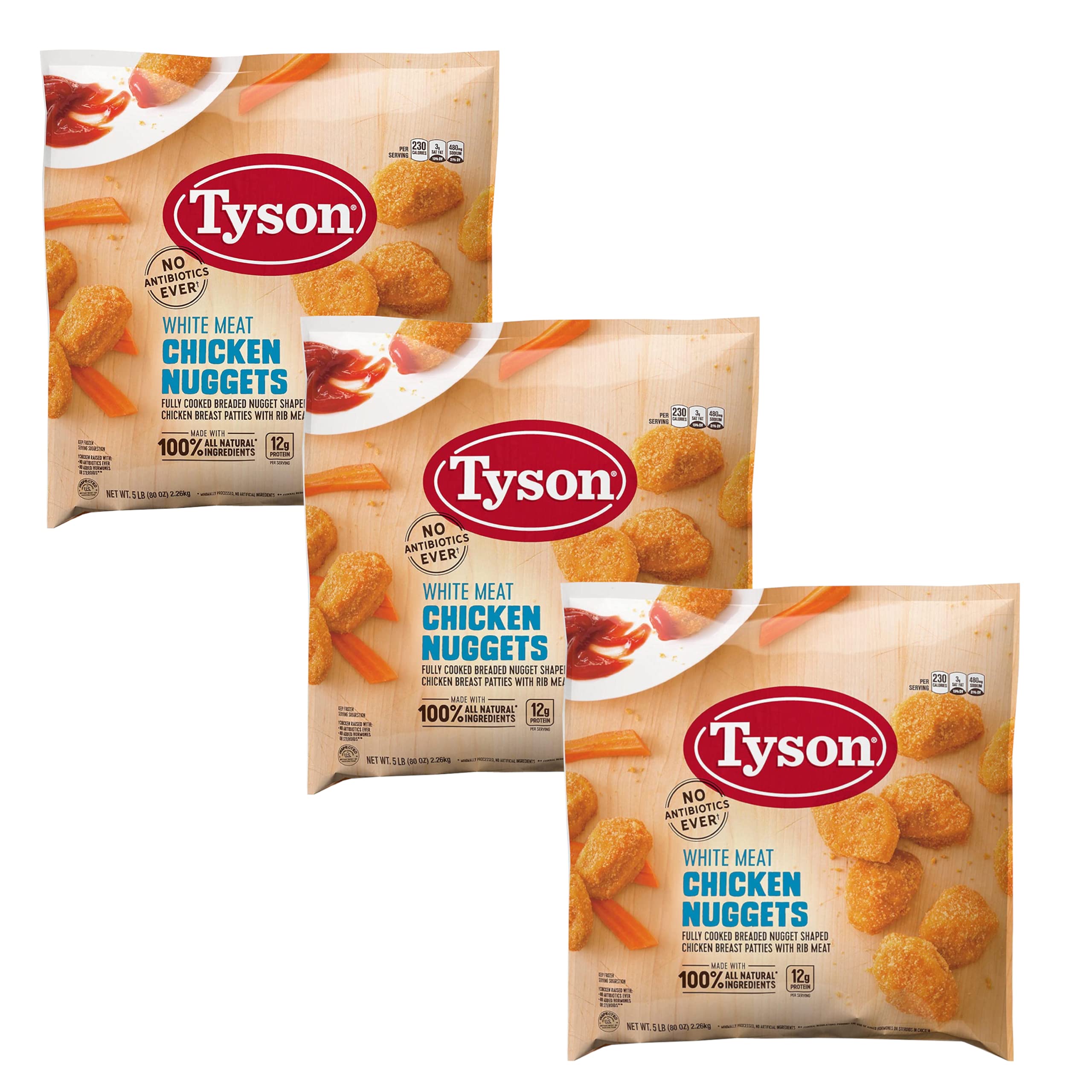 Tyson White Meat Chicken Nuggets | Frozen Fully Cooked Breaded Nuggets, All Natural, 3 Pack (15 Lbs Total) | By Gourmet Kitchn