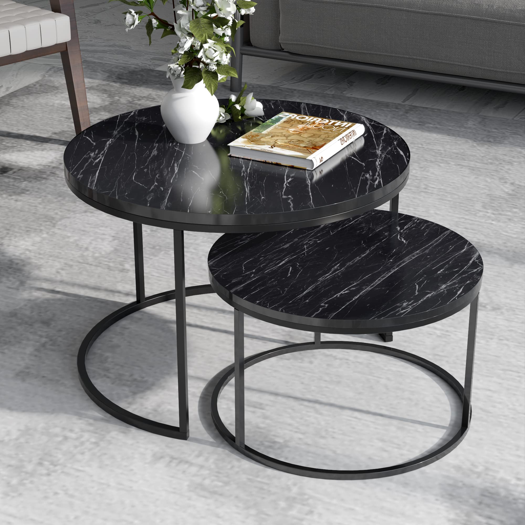 [en.casa] Couchtisch 2er Set Skagen Wohnzimmertische Beistelltische rund Satztisch Metallgestell Marmoroptik, schwarz
