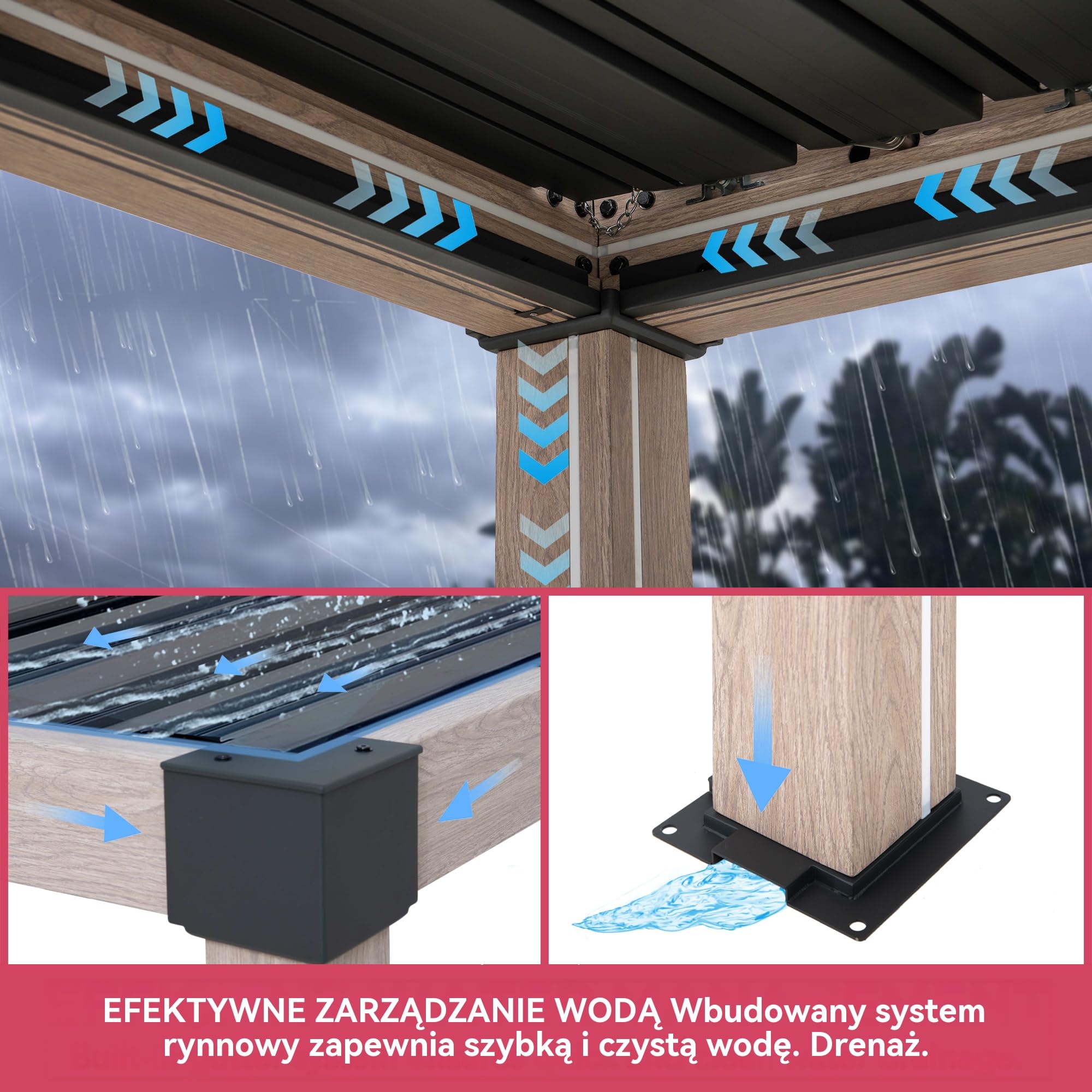 SUNJOY Pergola Ogrodowa 3x3m z zasłonami i siatką przeciwkomarową, Aluminiowa Altana Lamelowa Całoroczna, Ruchomy Dach z Regulacją Kąta, Solidny Pawilon Tarasowy, Efekt drewna