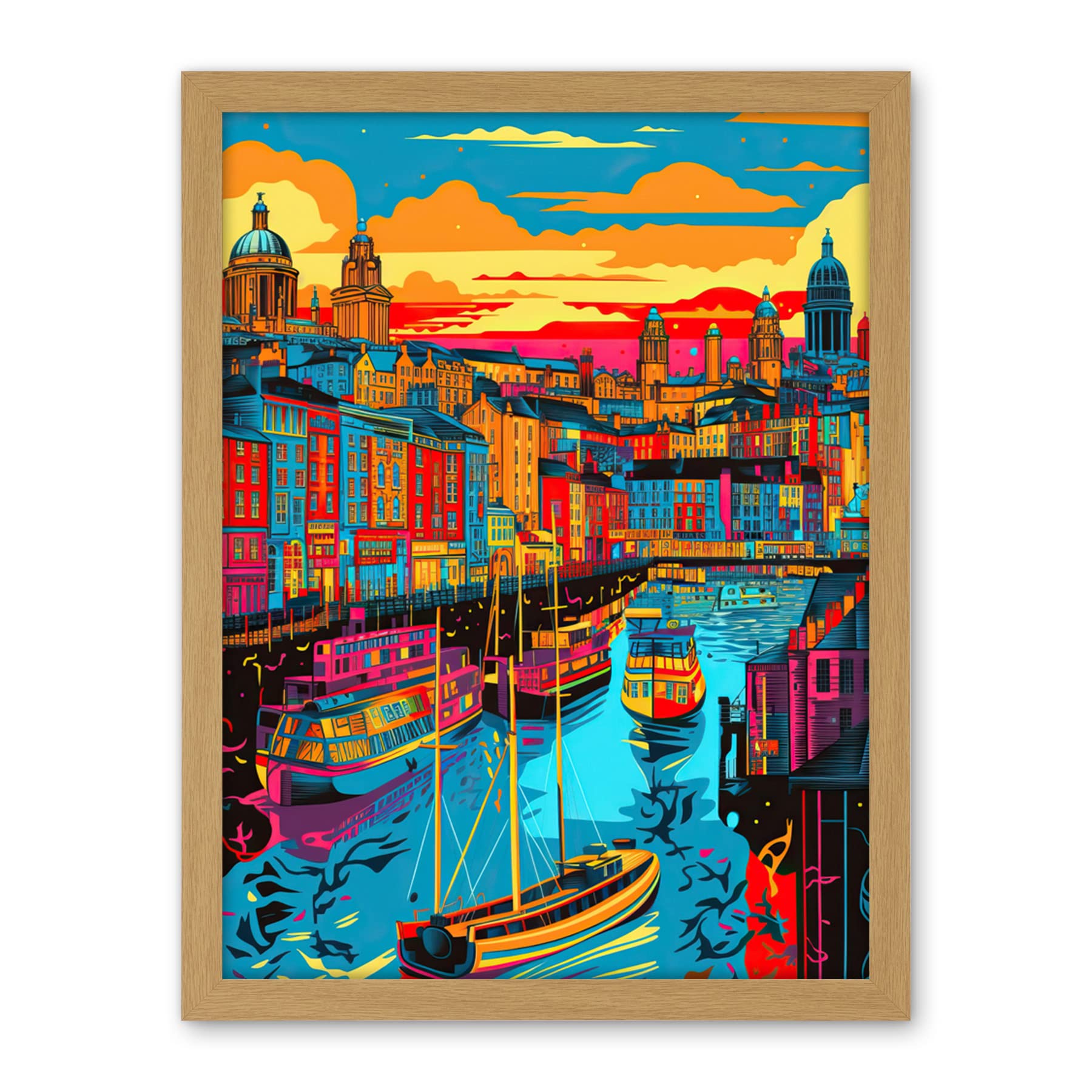 Artery8 Vibrant Liverpool City Waterfront Sunset Cityscape Artwork Framed Wall Art Print 18X24 Inch
