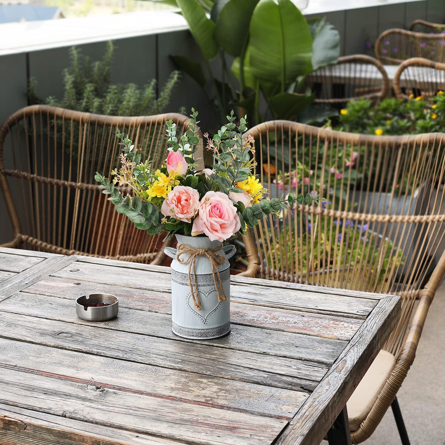 LIBWYS Metal Flower Vase Milk Can Rustic Style with Rose & Eucalyptus Shabby Chic Metal Vase for Rustic Home Dining Table Centerpieces Decor (Pink, 1)