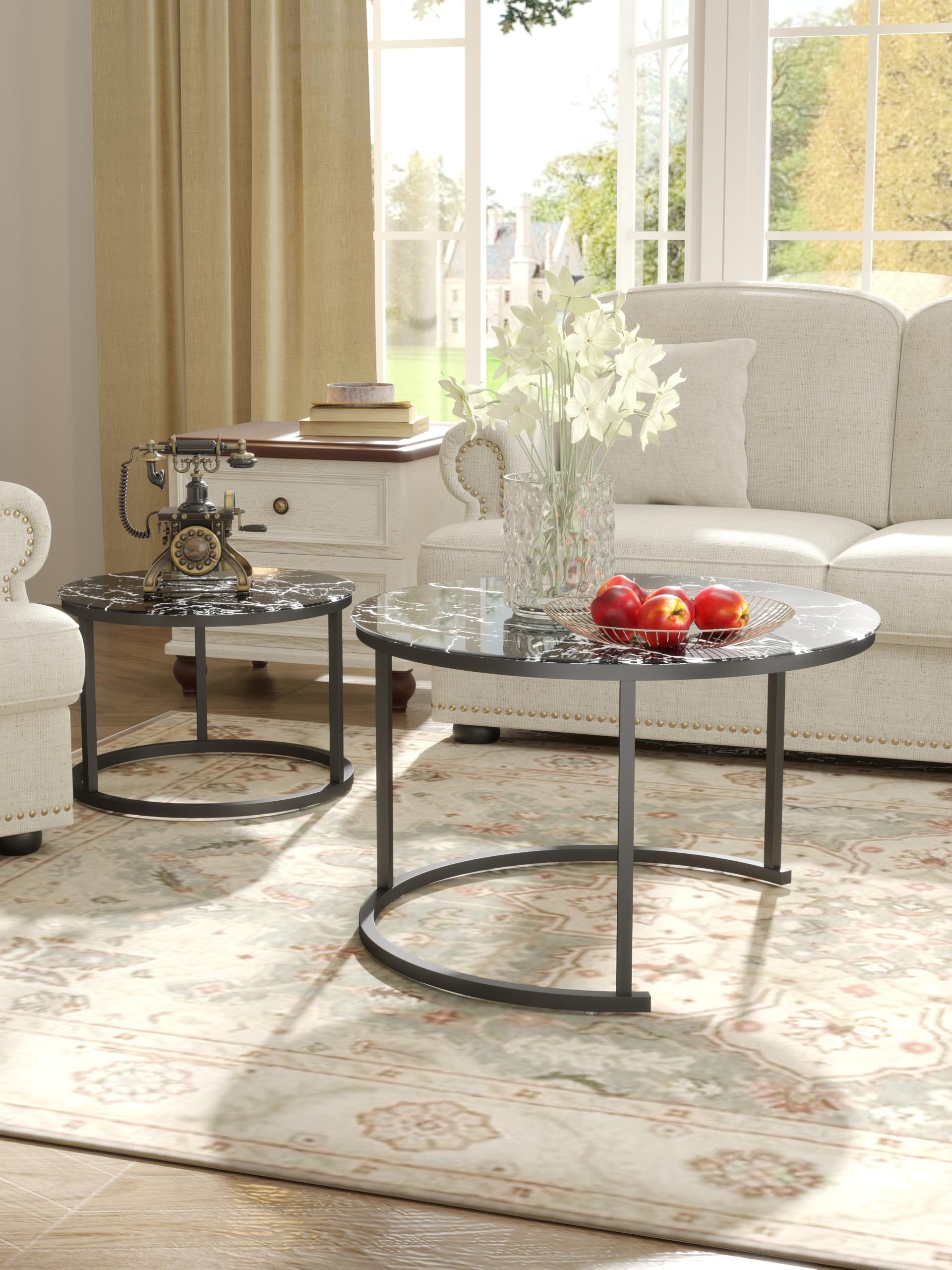 Tavolino Salotto Vetro Rotondo, Tavolo Soggiorno Vetro, Coffee Table 2 pezzi, Tavolino da Salotto Moderno con effetto marmo nero