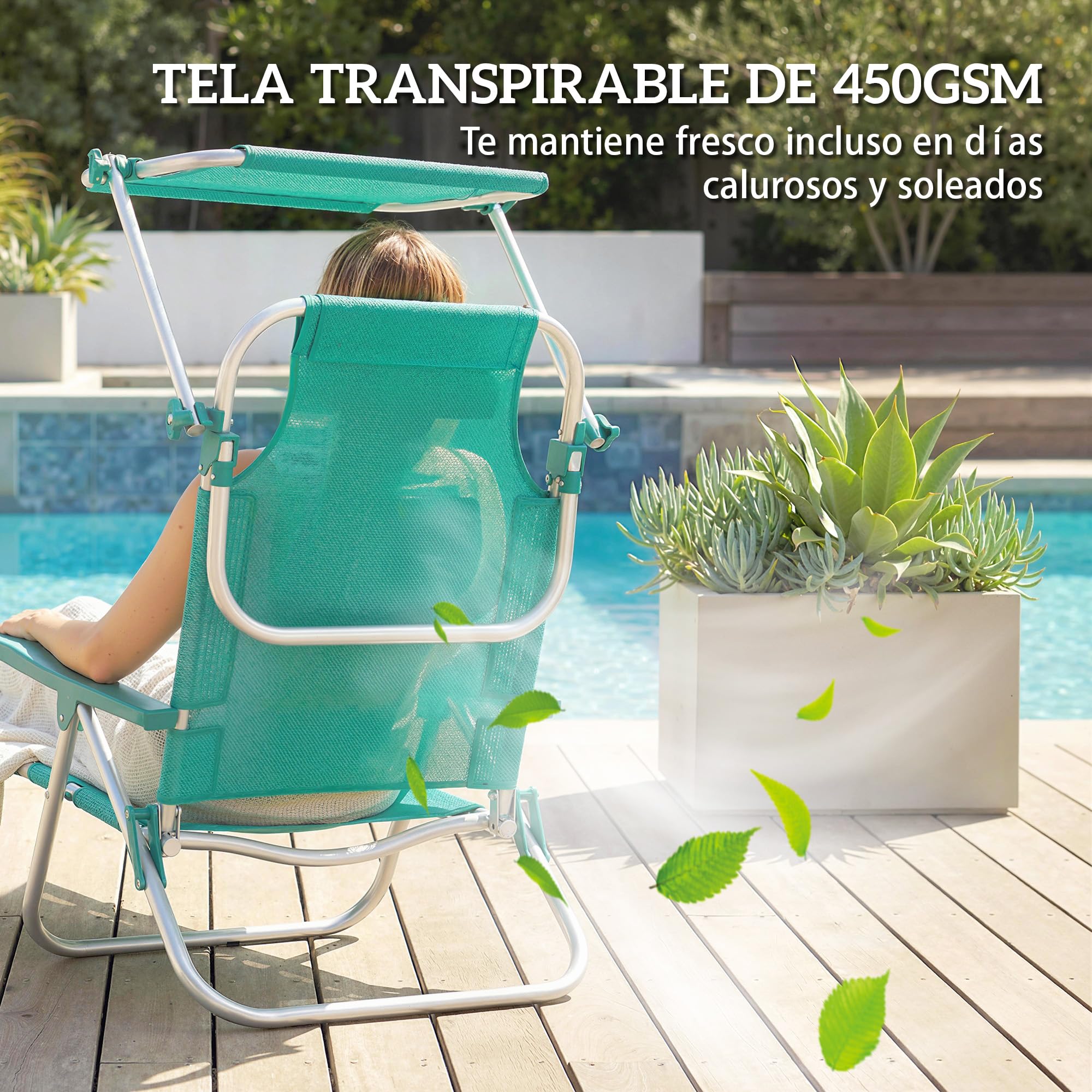 Outsunny Pack de 2 Sillas de Playa Plegables con Dosel Ajustable, Respaldo Reclinable en 6 Posiciones y Reposacabezas, Sillas Bajas Portátiles con Brazos Carga 120kg para Acampada Jardín Turquesa