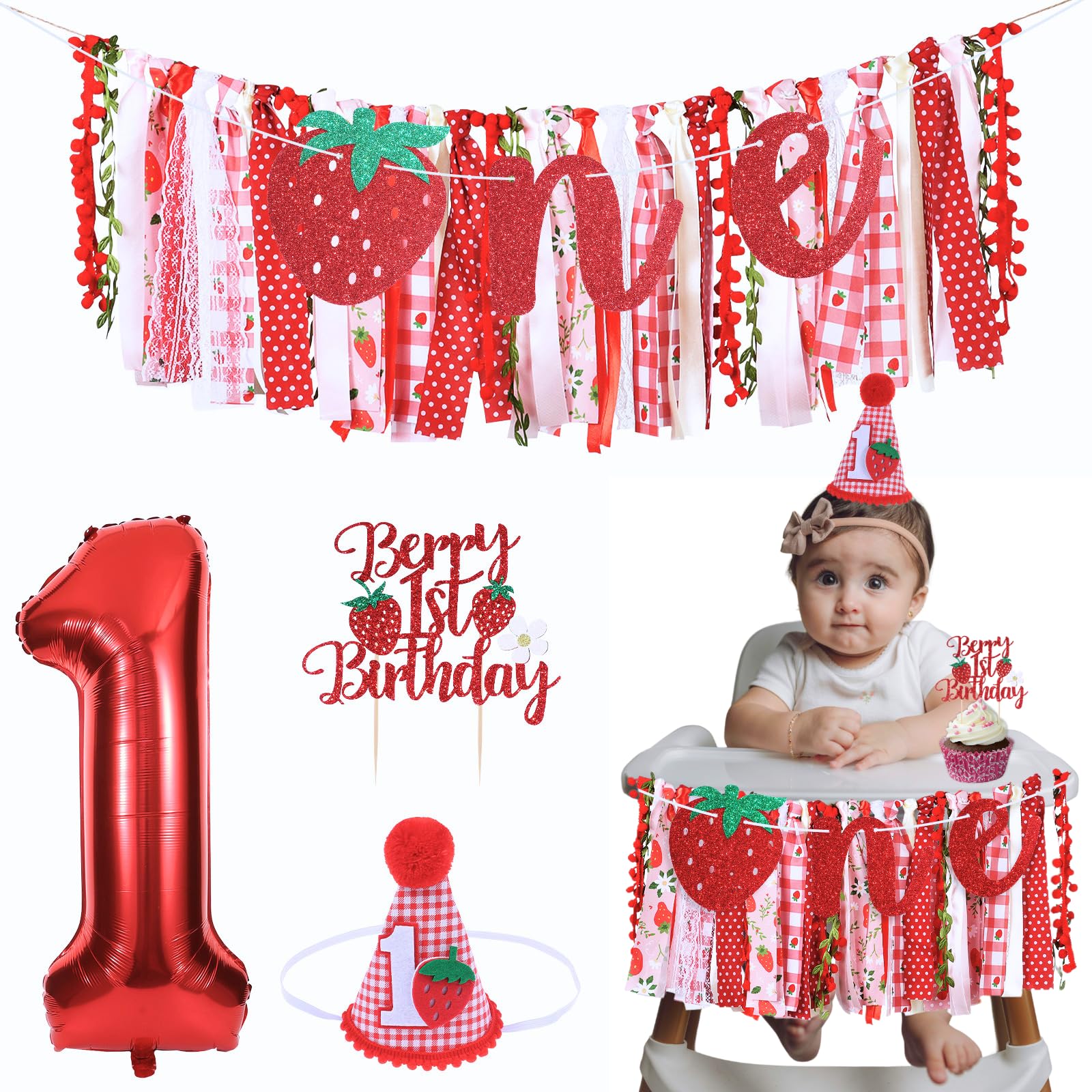 Strawberry Highchair Banner for Girls First Birthday Party Decorations