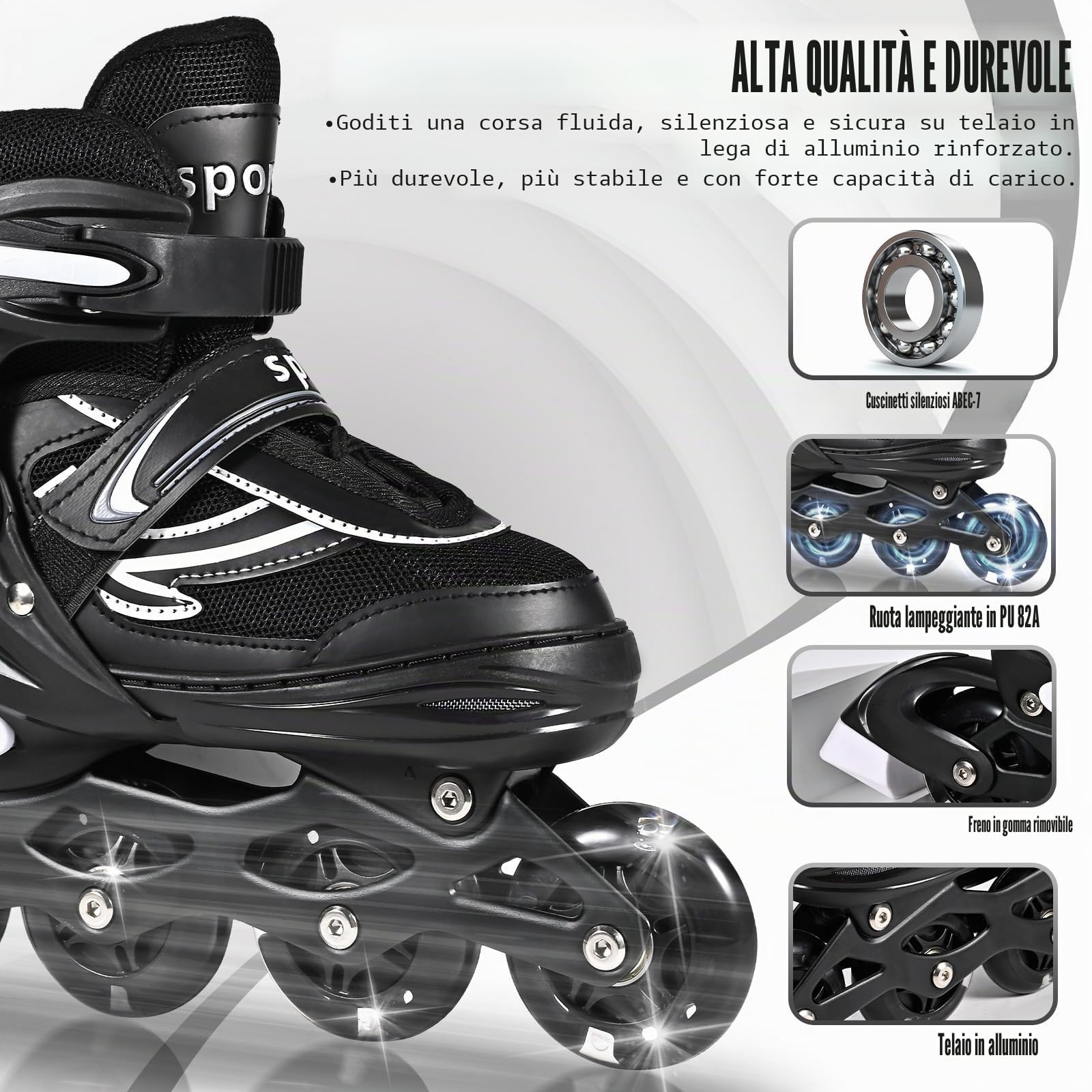 Pattini in linea regolabili per bambini e adulti con ruote luminose 4 ruote