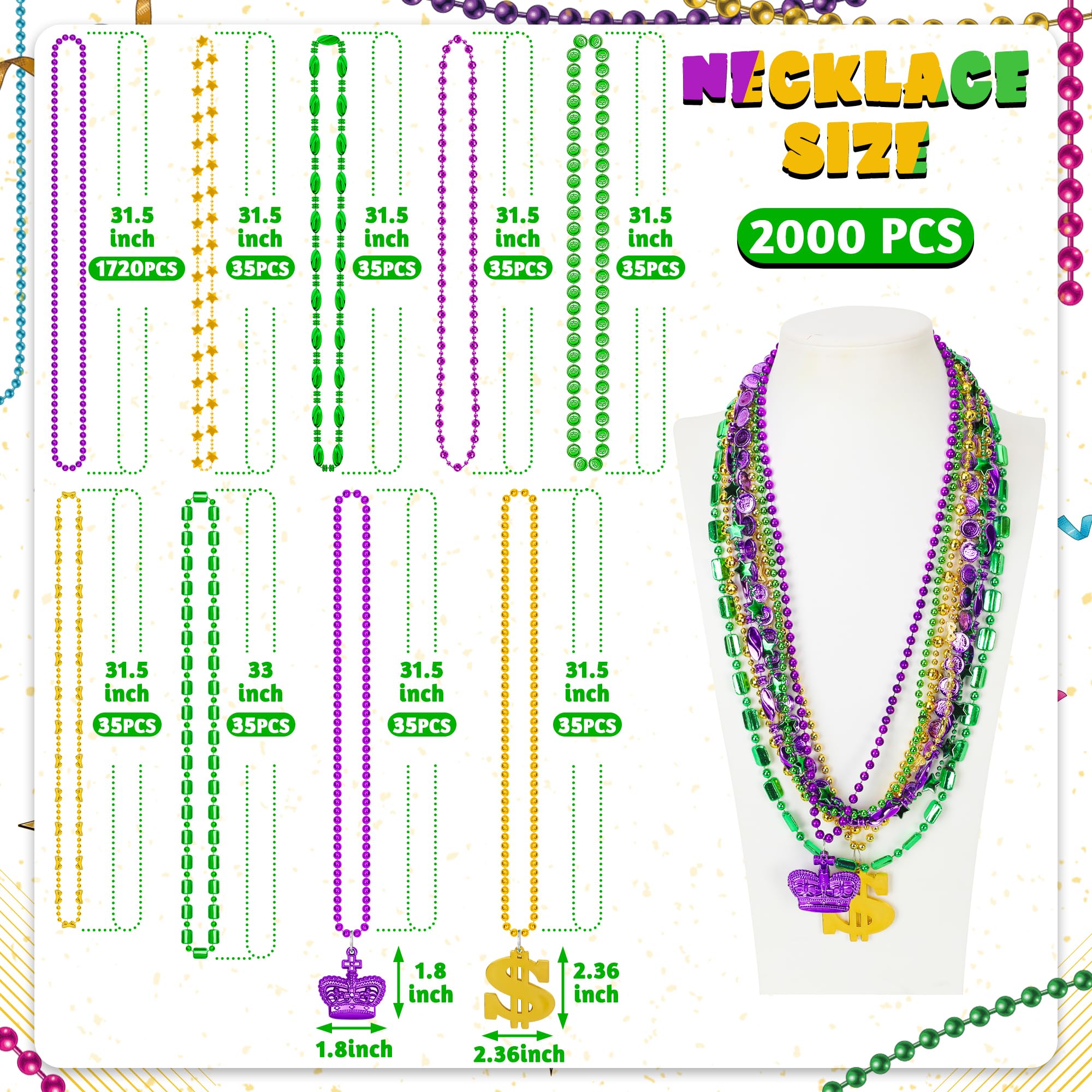 2000PCS Mardi Gras Beads Bulk, 9 Styles Purple Gold Green Mardi Gras Beads Necklaces Assortment, Coin Crown Mask Dollar Metallic Beaded Accessories for Mardi Gras Decorations Throws Party Favors