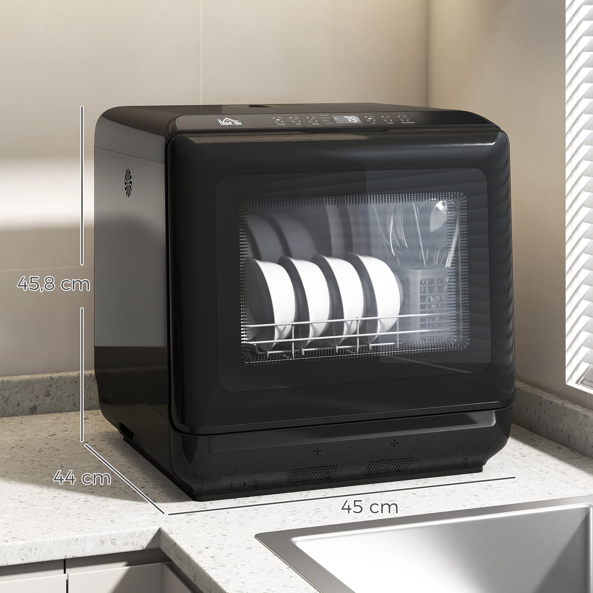 HOMCOM Lavavajillas de mesa mini lavavajillas con depósito de agua integrado de 6 litros, 5 programas, control táctil, pantalla LED, 4 cubiertos, doble suministro de agua y función de secado al aire