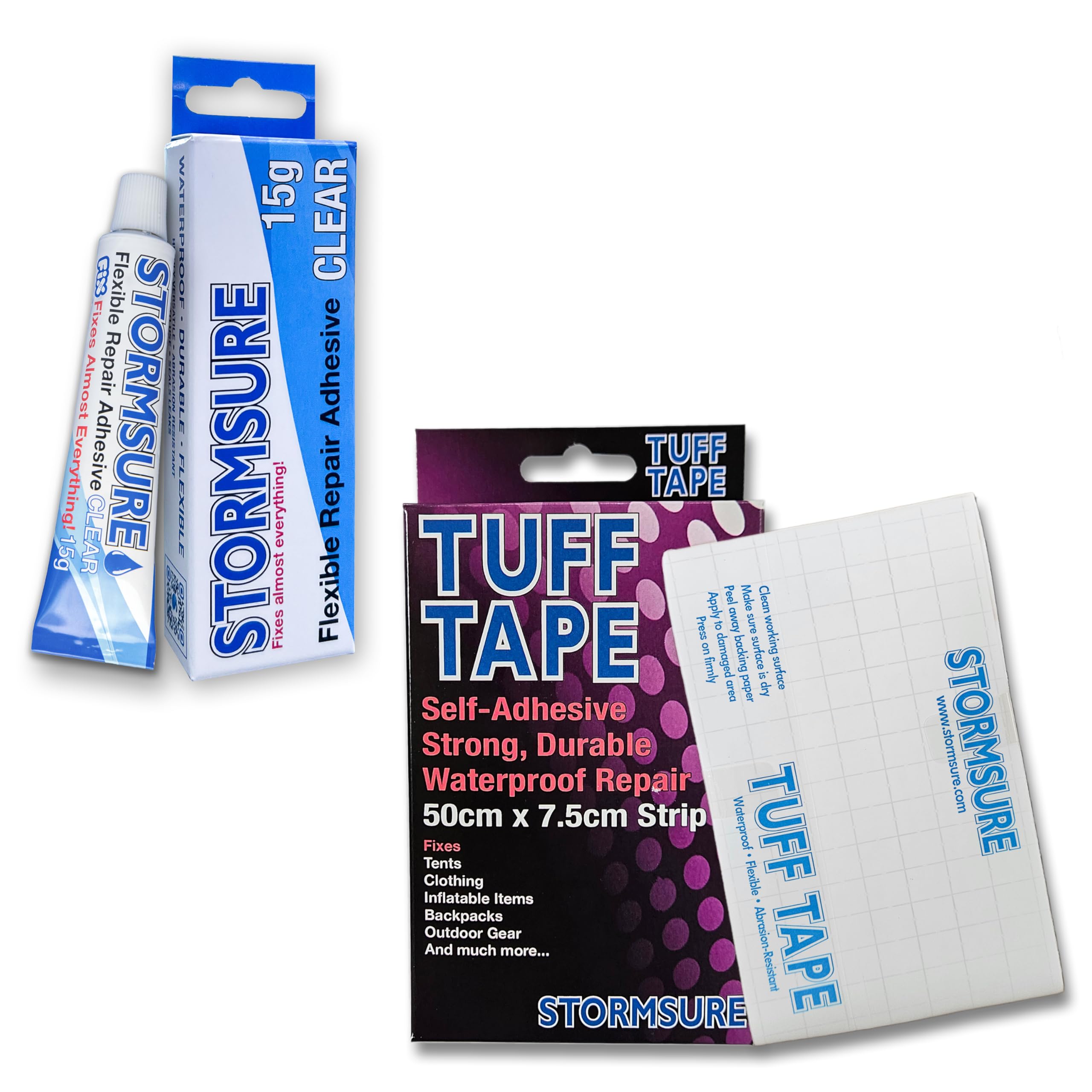 Stormsure Flexible Repair Adhesive (15g) - Clear + TUFF Tape Repair Tape (0.5m) - Waterproof and Durable Repair Bundle