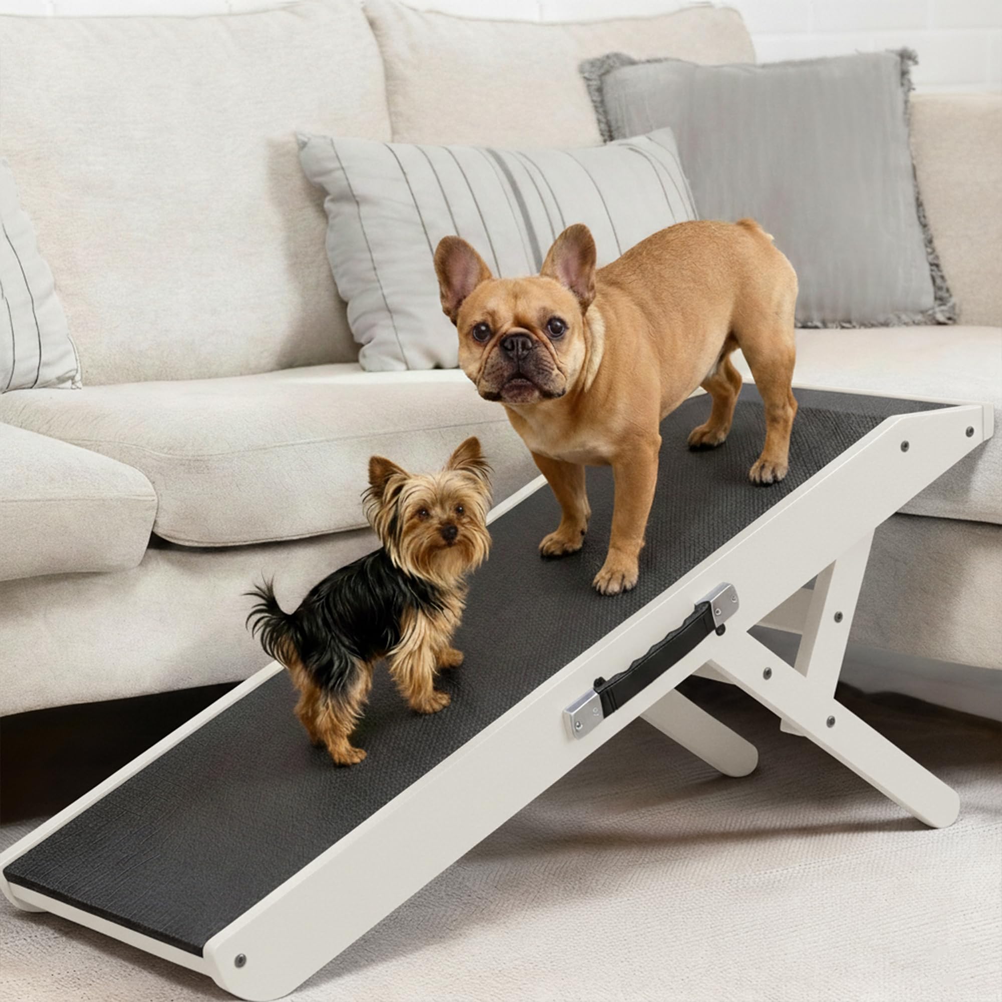 Dog ramp for Couch PRIORPET - Birchwood Foldable Dog ramp - Adjustable 7" to 20" - Landing Platform Seamlessly Connects - Anti-Slip Grip - Pet Ramp for Small Dogs up to 170lbs - White