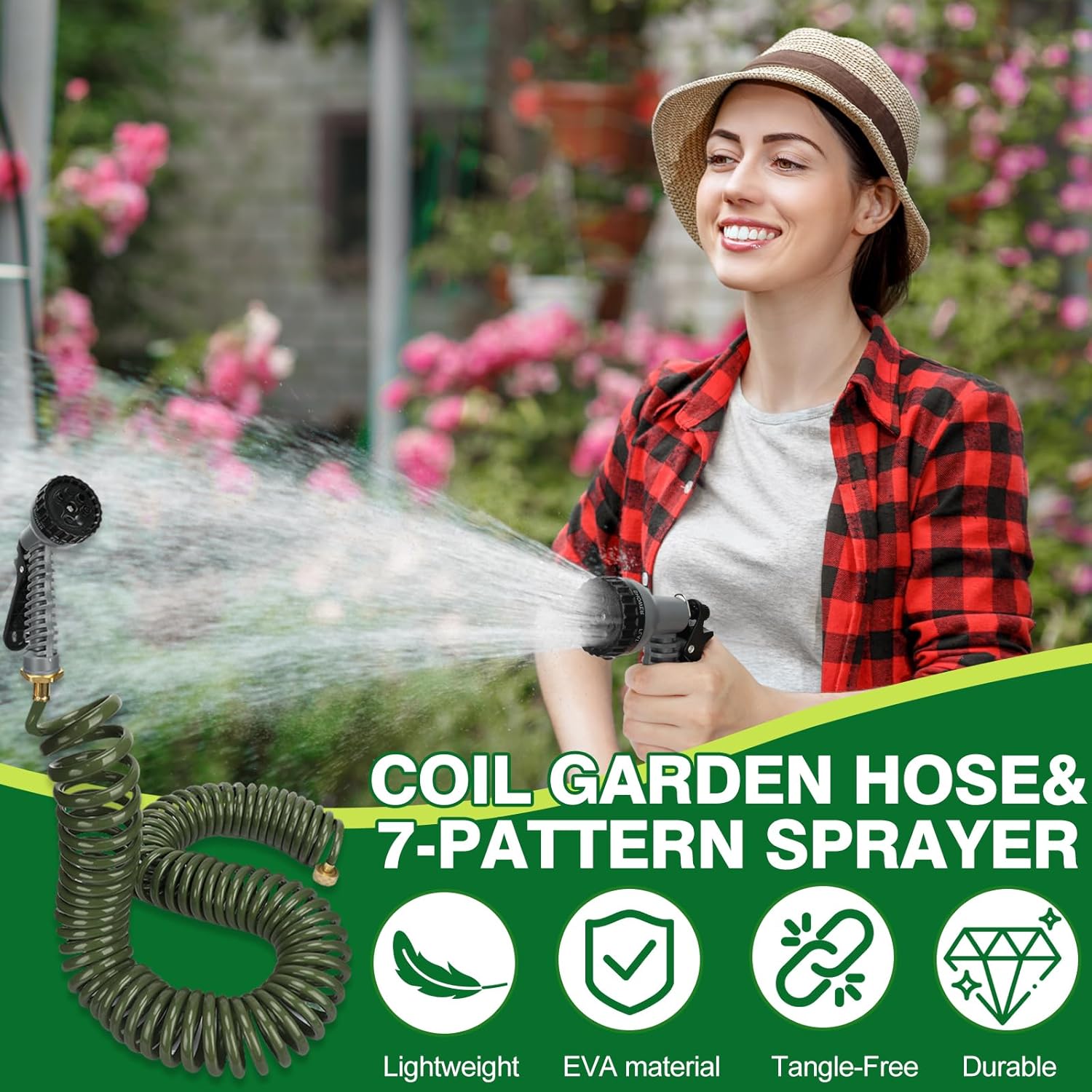 100 FT 3/8" Lightweight Coiled Garden Hose EVA Flexible with 7 Function Nozzles and Brass Connectors for Garden Watering Plants Greenhouses Patios Olive Green