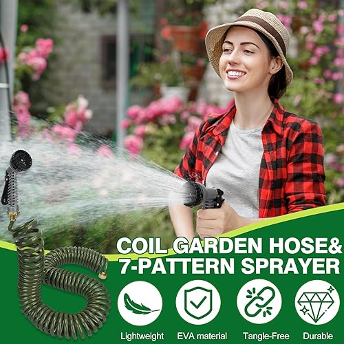 Miniatura 5 de Manguera de jardín ligera en espiral de 25 pies y 38 pulgadas, EVA, flexible, con 7 boquillas de función y conectores de latón para plantas de riego