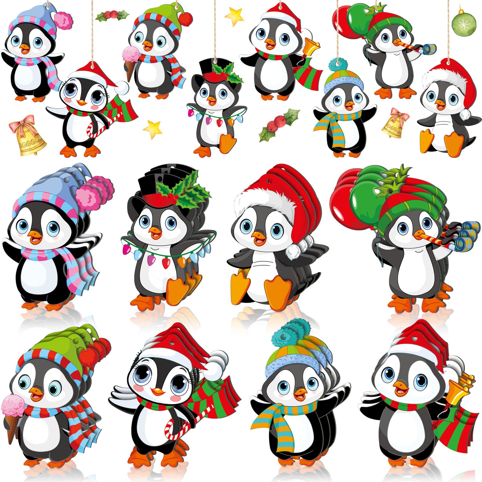 40 Pieces Christmas Penguin Ornaments for Xmas Tree Wood Christmas Ornaments Bulk with Rope Christmas Dancing Penguin Ornaments for Christmas Holiday Party Decorations
