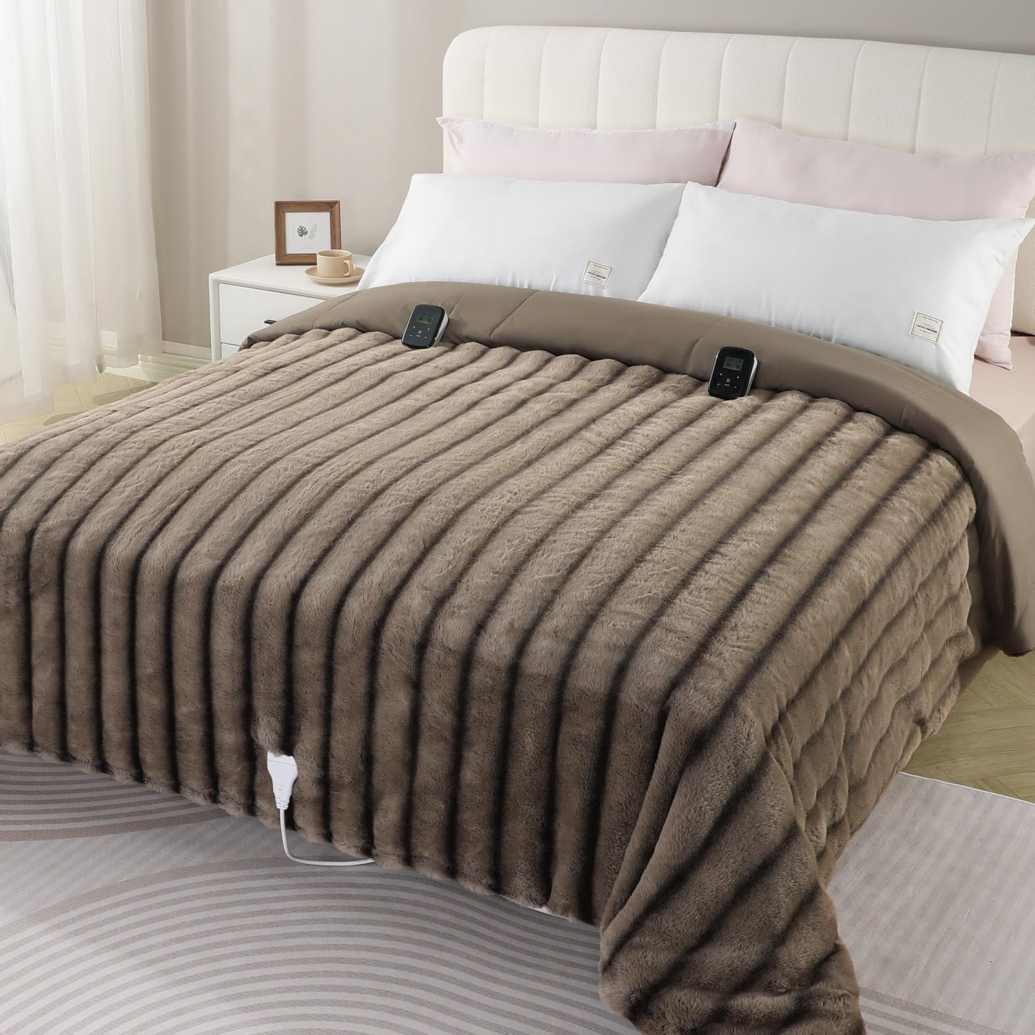 Photo 1 of TiMiCalda Heated Comforter Blanket Queen - Fluffy Faux Rabbit Fur Thick Comforter with 6 Heat Levels & 1-10 Hours Time Settings, Wireless LCD Controller, 90"x90", Brown