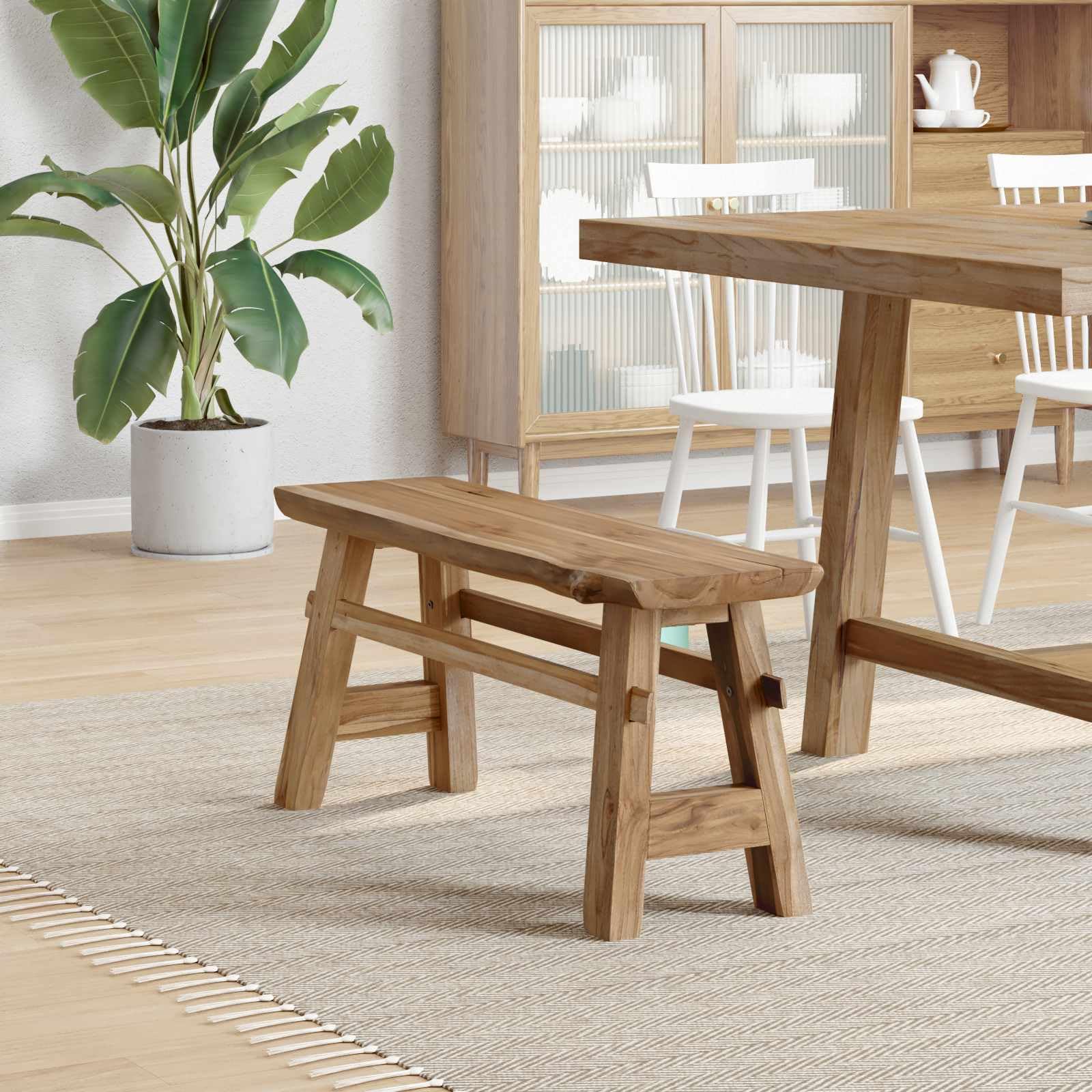 Ławka z naturalnego drewna tekowego, 100 x 29 x 43,5 cm, stabilna ławka do siedzenia na balkon, do ogrodu, na taras, z naturalnym rysunkiem słojów i wytrzymałą ramą, wszechstronne