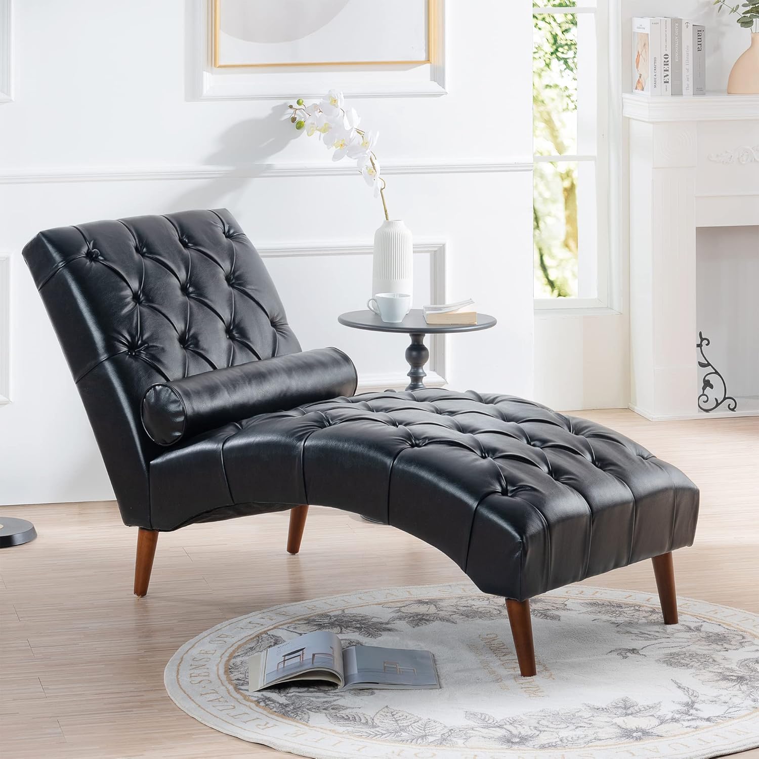 HomSof Modern ArmLess Chaise Lounge Indoor Black Upholstered Reclining Chair with Rolled Accent Pillow and Solid Wood Legs Armless/Black Pu