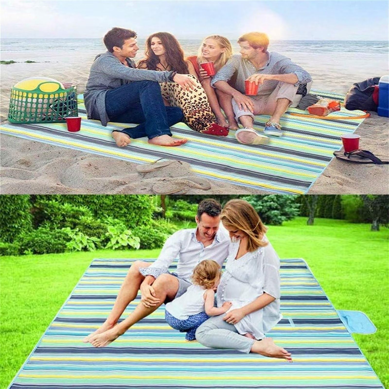 Koc plażowy, koc piknikowy, 200 x 300 cm, odporny na piasek, wodoodporna mata plażowa z uchwytem, składany dywanik piknikowy, wielofunkcyjny, letni niezbędnik, koc na zewnątrz, na podróż,