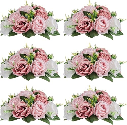 Miniatura 74 de NUPTIO Centros de mesa de flores para mesas de boda: arreglo de 6 piezas de flores artificiales rosas y blancas para bodas y fiestas - Rosas Rosa y