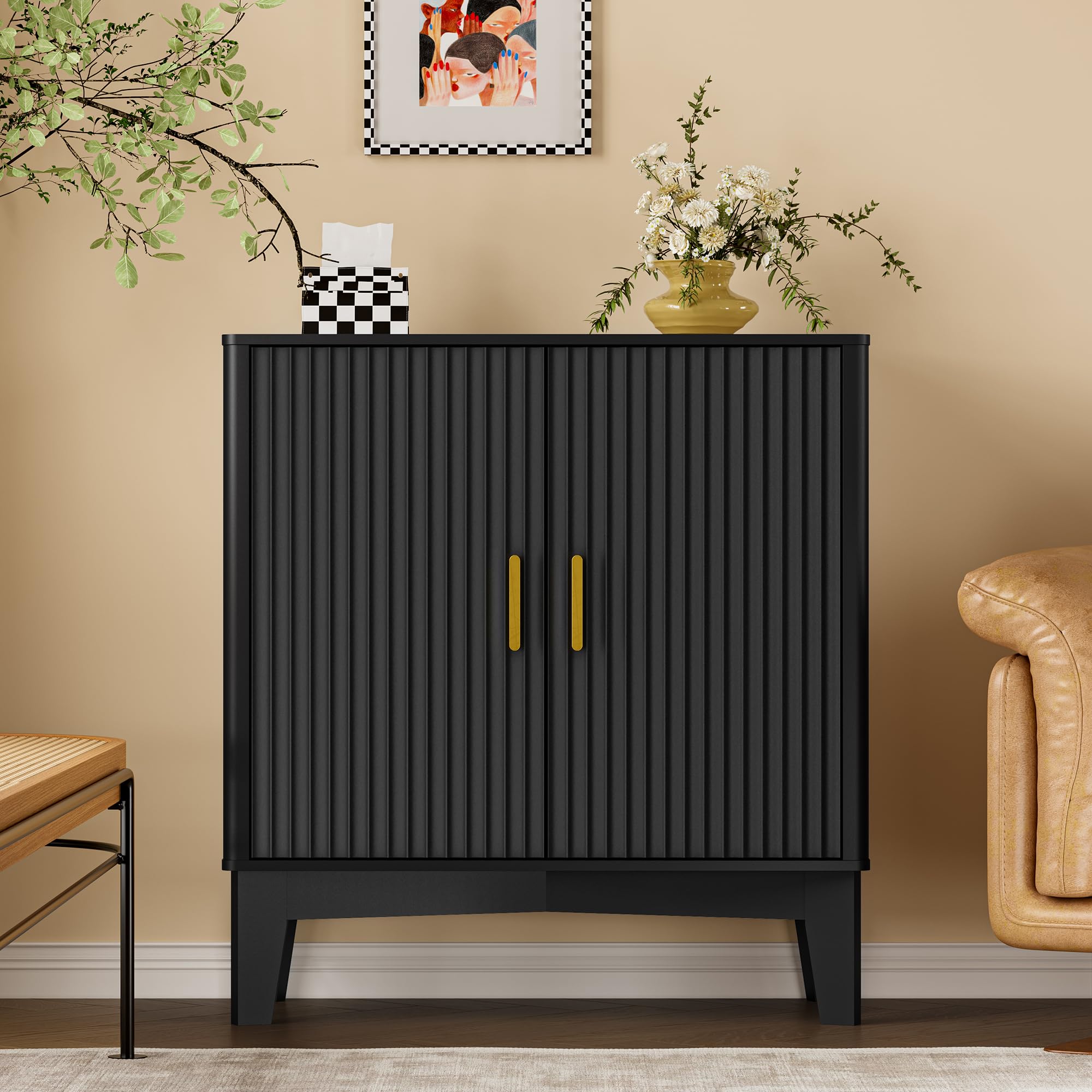 BORNOON Storage Cabinet with Doors and Adjustable Shelf, Modern Fluted Sideboard Buffet Cabinet, Freestanding Coffee Bar for Kitchen, Pantry, Entryway, Living Room (Black)