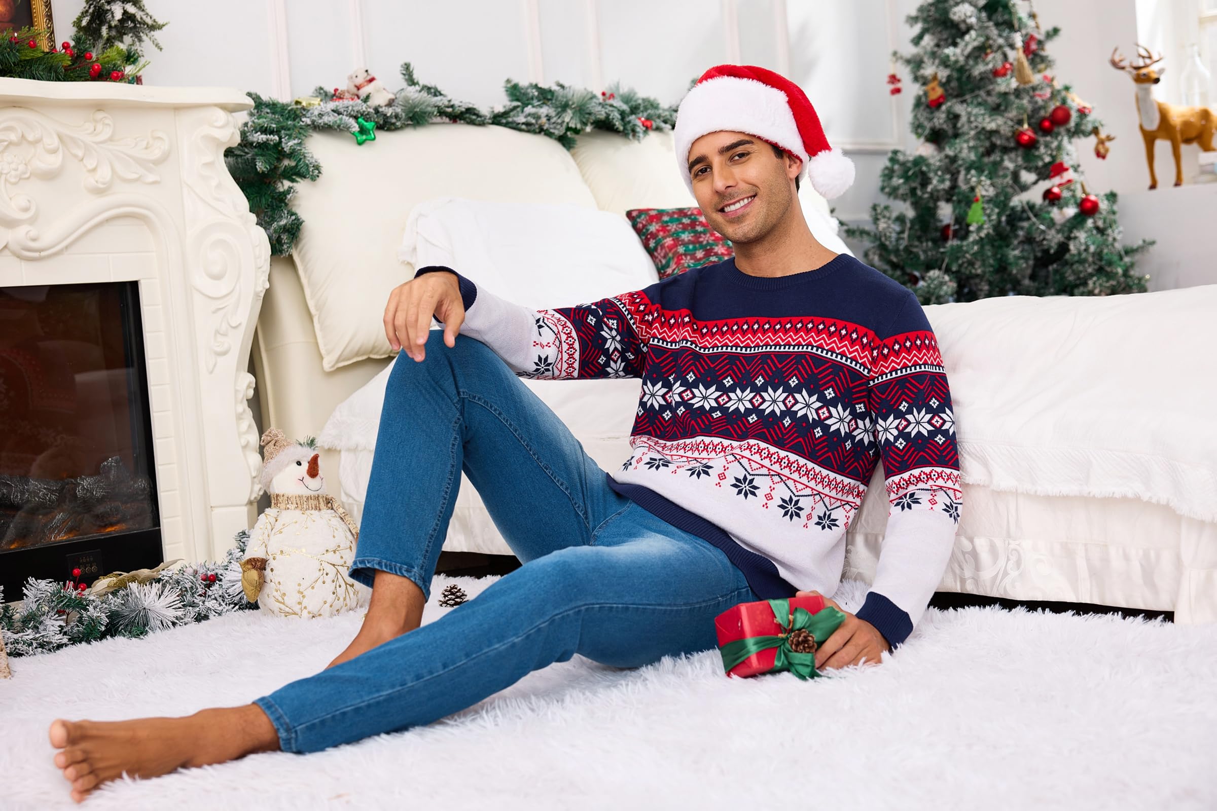 Maglione Natalizio Uomo Maniche Lunghe Girocollo Motivo Renna | Tessuto Morbido, Maniche Lunghe, Lavorazione a Maglia, Calore Confortevole, Vestibilità Regolare, Autunno e Inverno