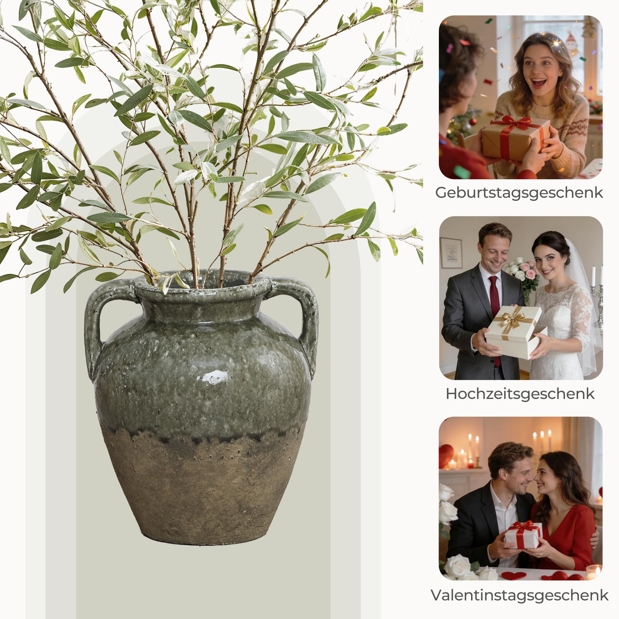Hometopia Vintage Vase Groß aus Keramik, Zweifarbige Amphore in Moosgrün & Naturstein-Optik, Rustikale Dekovase für Herbstzweige & Trockenblumen, 29cm Höhe