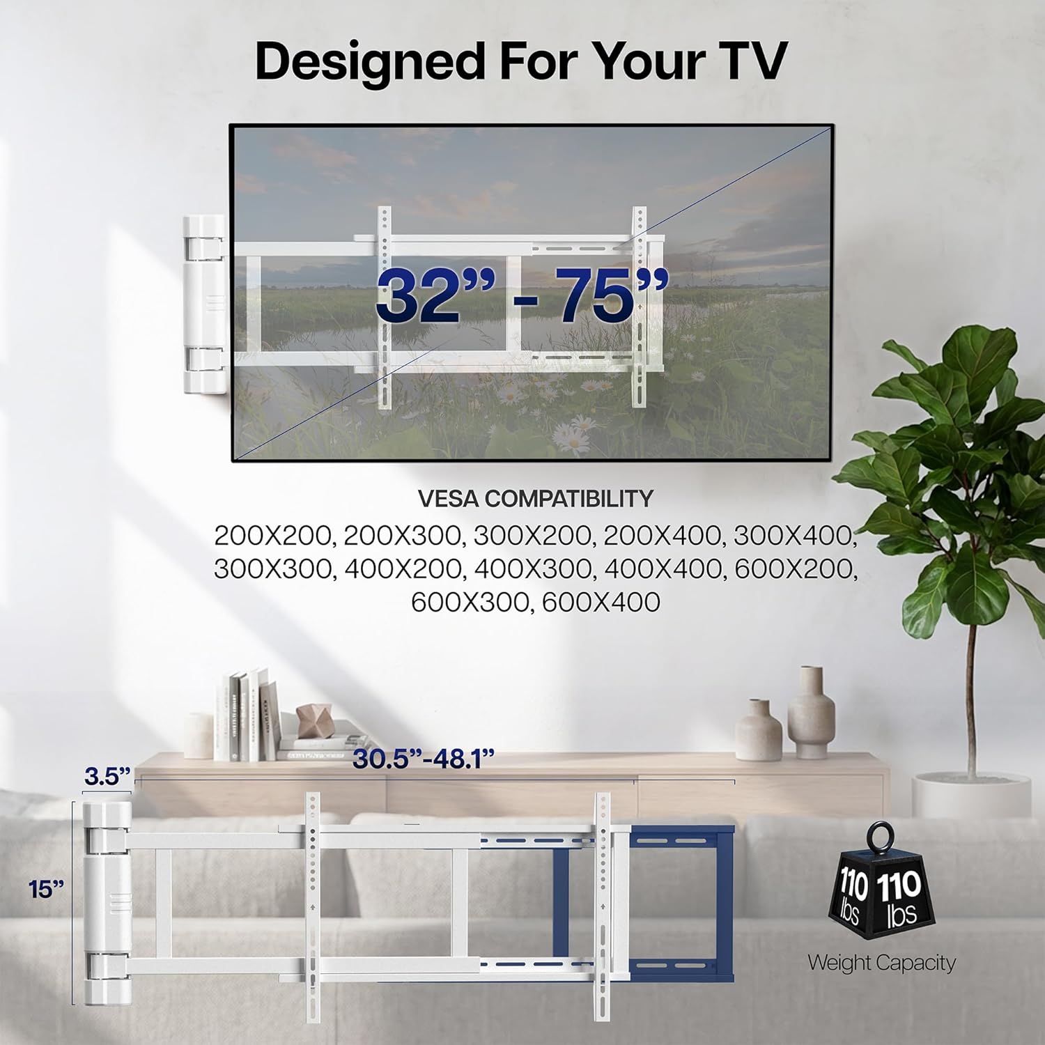 VIVO Steel Low Profile Electric TV Wall Mount for 32 to 75 inch LCD LED Plasma Screens, Motorized Swing TV Bracket with 90 Degree Swivel, White, MOUNT-E-WM075W