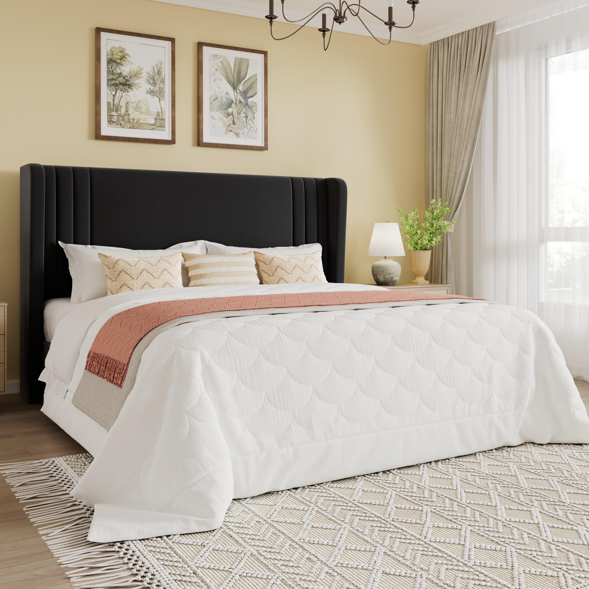 SHA CERLIN Queen Size Velvet Upholstered Platform Bed Frame with Vertical Channel Tufted Wingback Headboard, Wooden Slats Support, Easy Assembly,