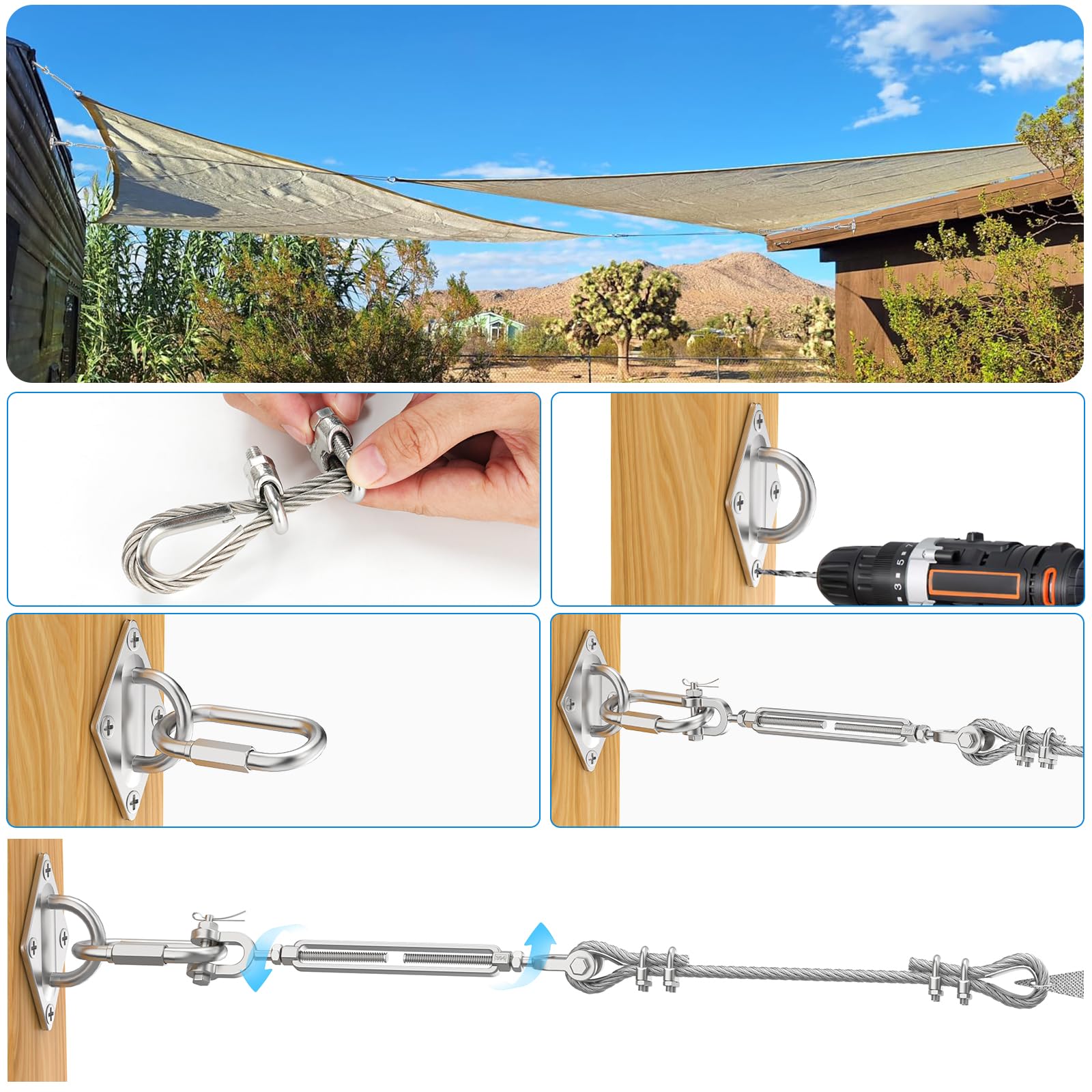 Kit de cuerda de alambre de 3/16 pulgadas con cable de acero inoxidable de 100 pies, tensores de 3/16, eslabones de cadena M6 y ganchos de ojo, límite de carga de 500 libras, kit de alambre