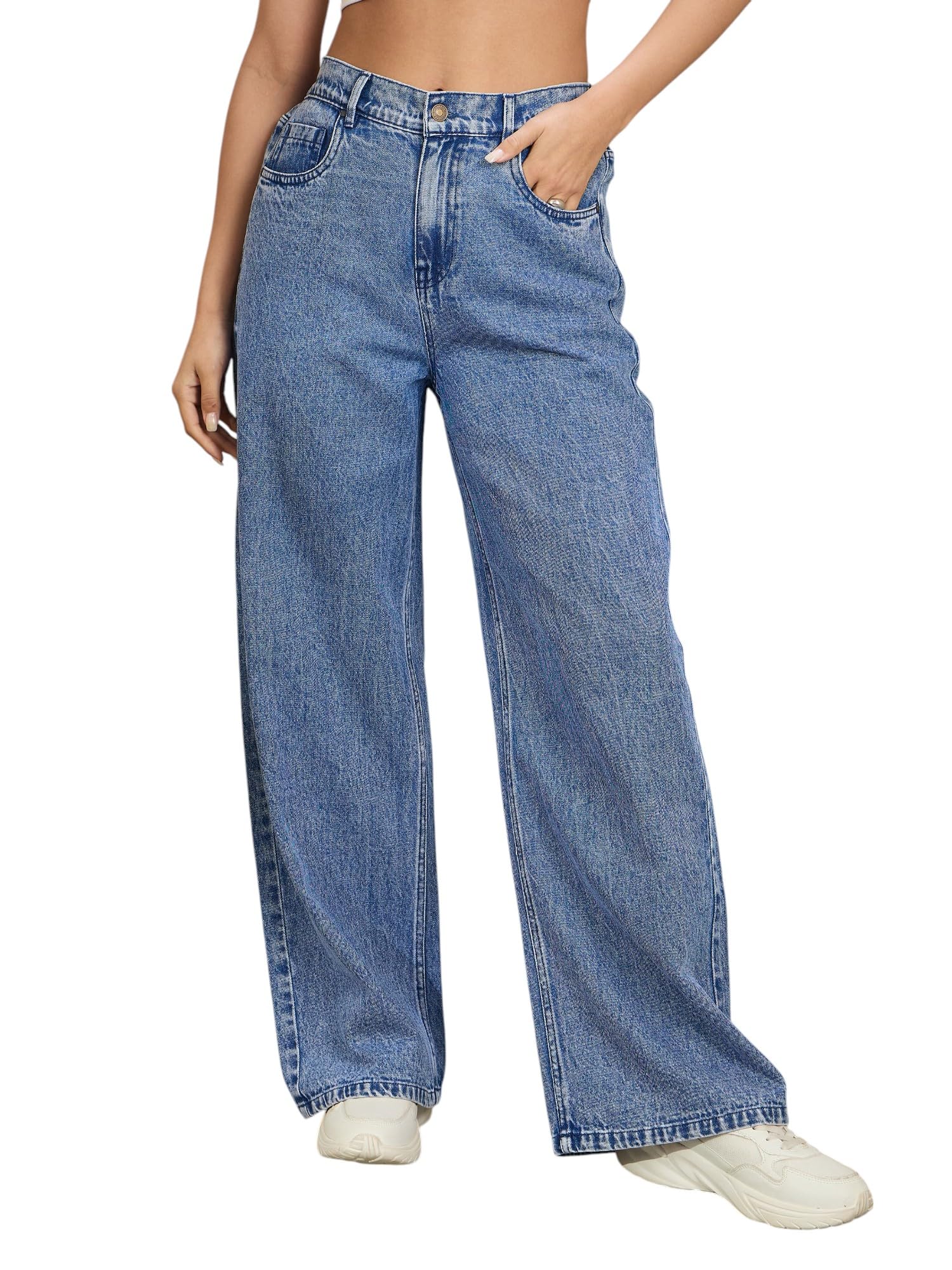 SASSAFRAS Basics Women's Relaxed Wide-Leg Jeans â€“ Modern Chic, Versatile Casual Outfit for Women in neutral