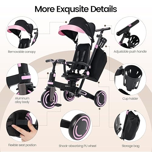 Miniatura 5 de Aneco Triciclo multifuncional 9 en 1 para bebés de 10 meses a 3 años con toldo extraíble, arnés de seguridad para asiento giratorio, freno de rueda,