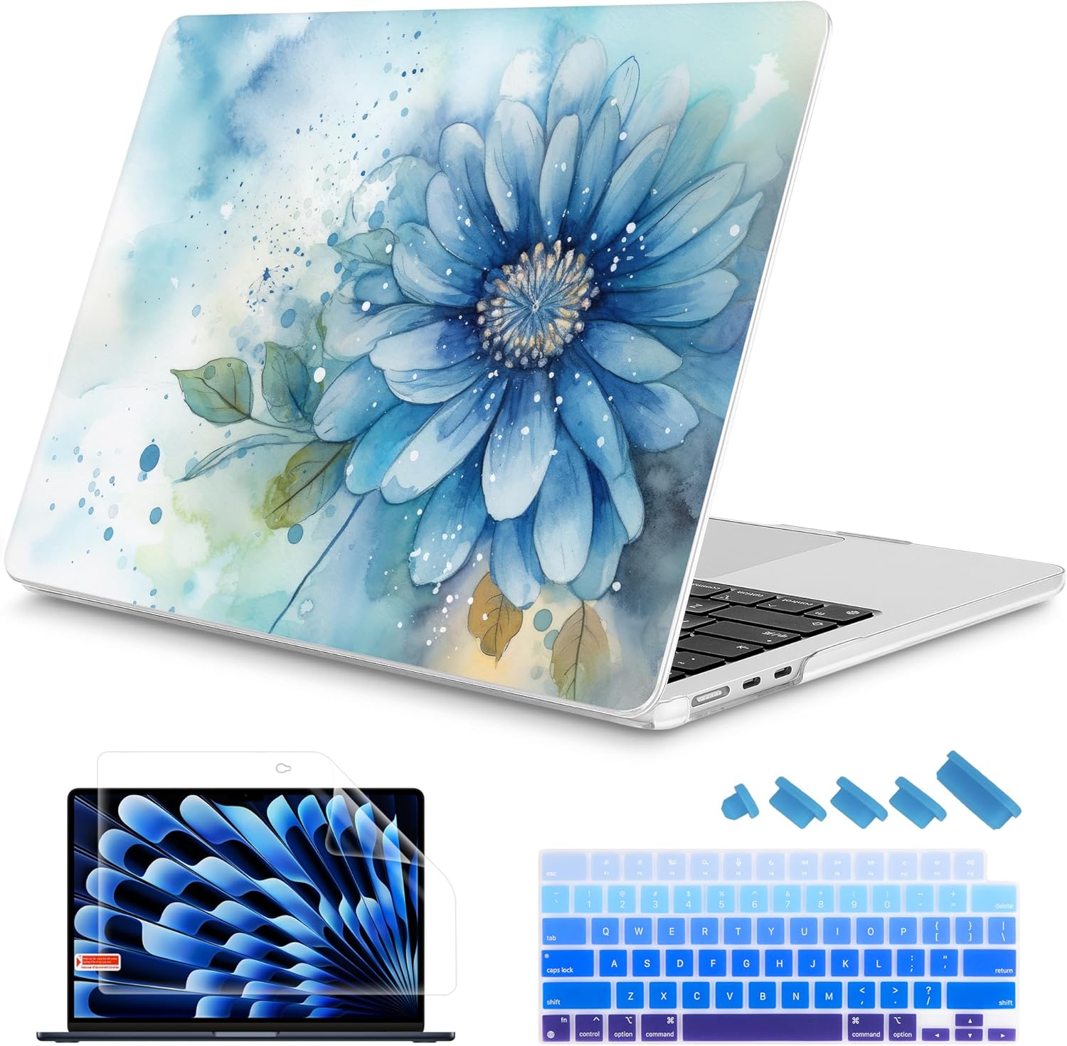 Mektron Designed for 2025/2024/2023 MacBook Air 15 INCH M4 A3241 /M3 A3114 /M2 A2941 Case, Printed Plastic Hard Shell Cover with 15.3" Liquid Retina Display Touch ID, Watercolor Blue Flower