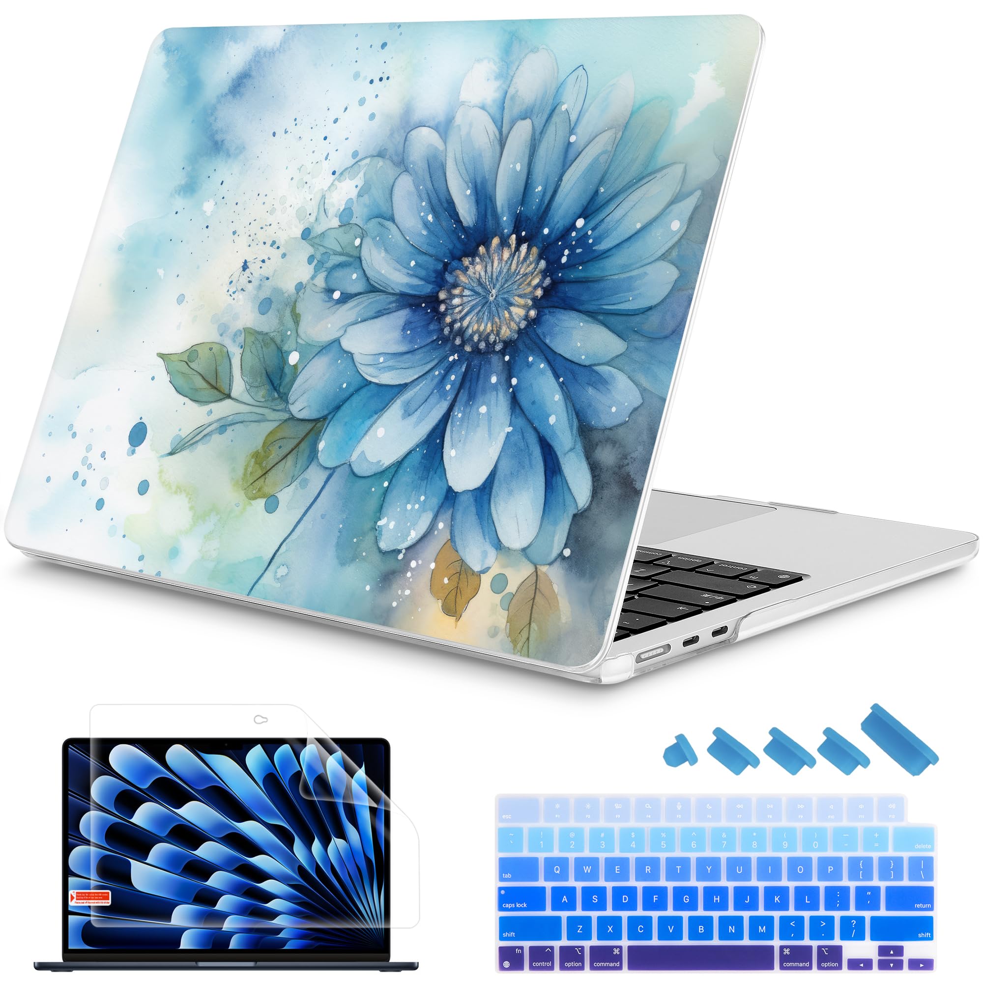 Mektron for 2026/2025/2024/2023 MacBook Air 15 INCH M5 A3448 /M4 A3241 /M3 A3114 /M2 A2941 Case, Printed Plastic Hard Shell Cover with 15.3" Liquid Retina Display Touch ID, Watercolor Blue Flower
