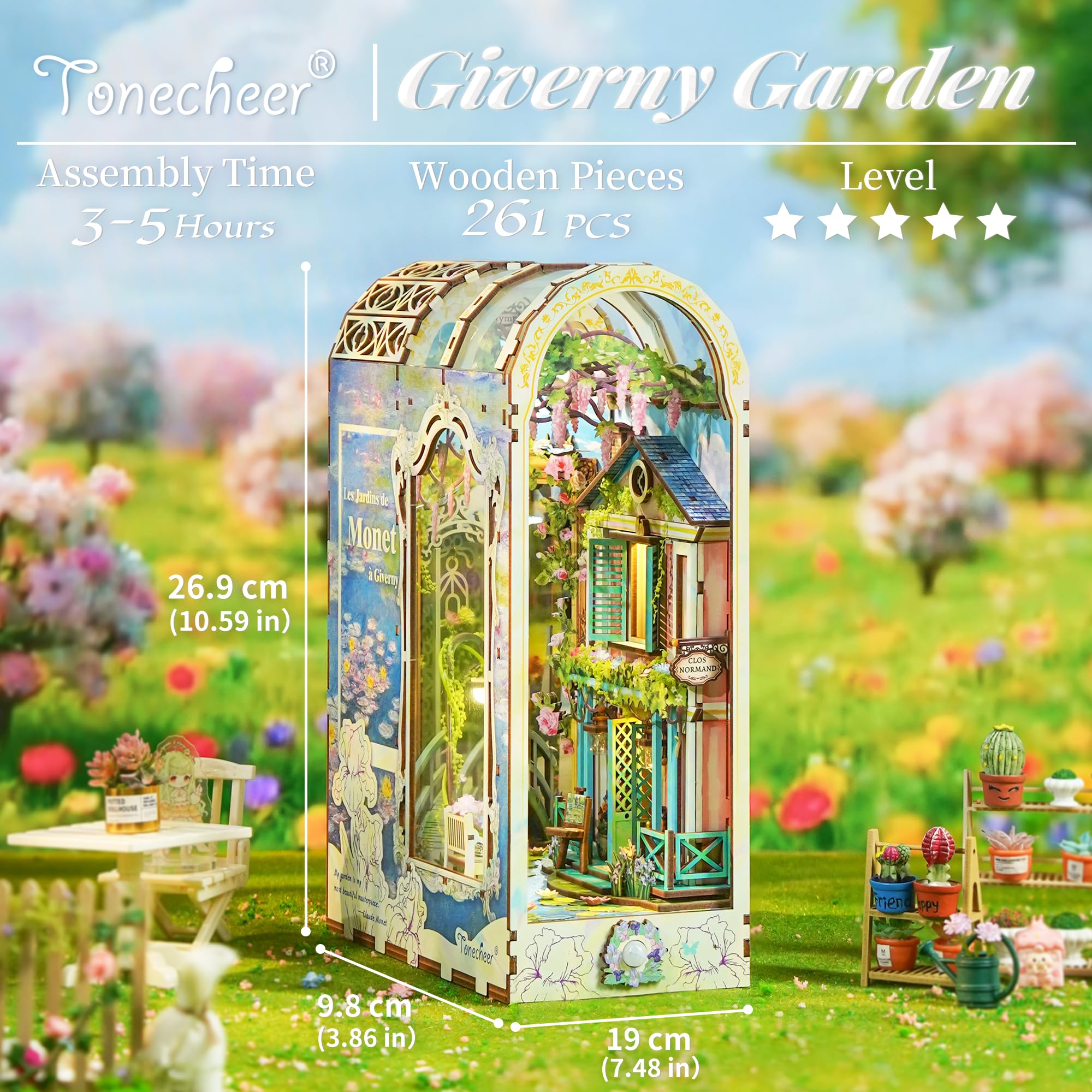 Tonecheer DIY Book Nook Kit for Adults, 3D Puzzle Wooden Miniature House Kit, Booknook Dollhouse Bookshelf Insert Decor Bookend with Dust Cover and LED Lights Gifts ()