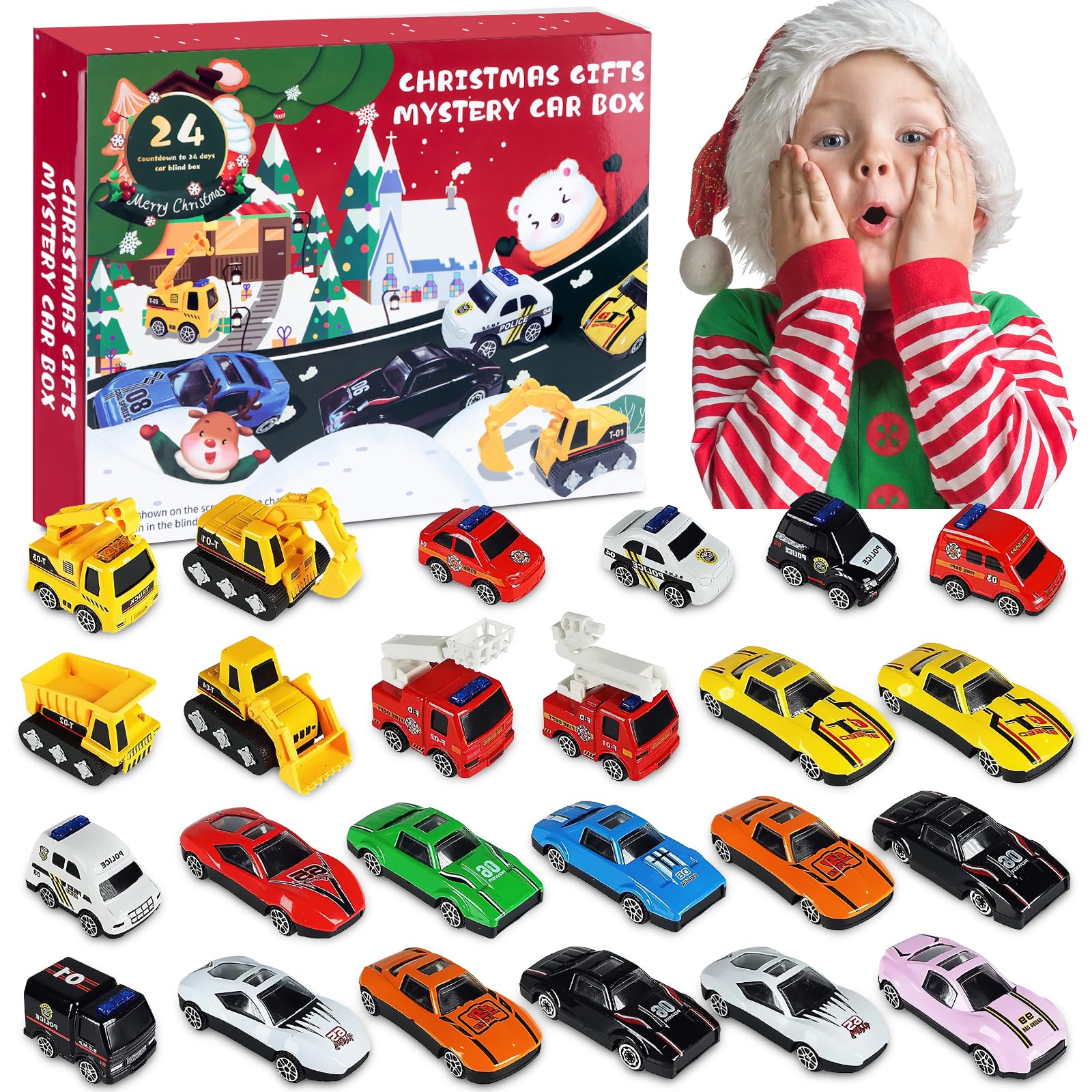 Advent Calendar 2023 for Kids, 24 Days of Premium Alloy Toy Cars, Christmas Countdown Delight with Engineering Vehicles, Racing & Police Cars - Perfect Holiday Surprise Gift for Boys & Girls
