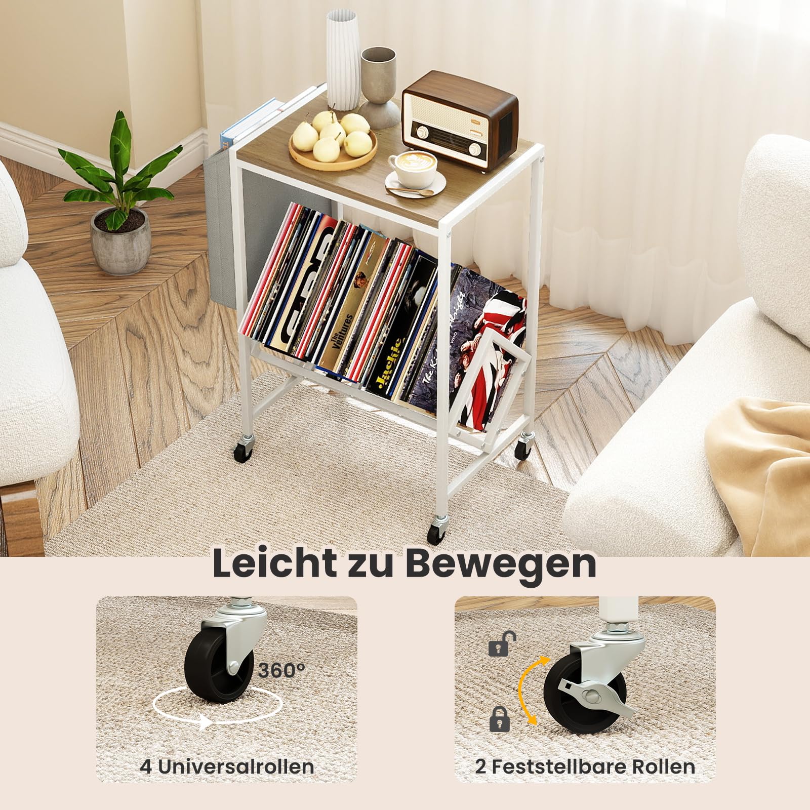 COSTWAY Plattenspieler Regal, Schallplattenregal mit Vinylaufbewahrung & Zeitschriftenhalter, Schallplattenständer mit feststellbaren Rollen, Beistelltisch für Wohnzimmer, Schalfzimmer (Weiß)