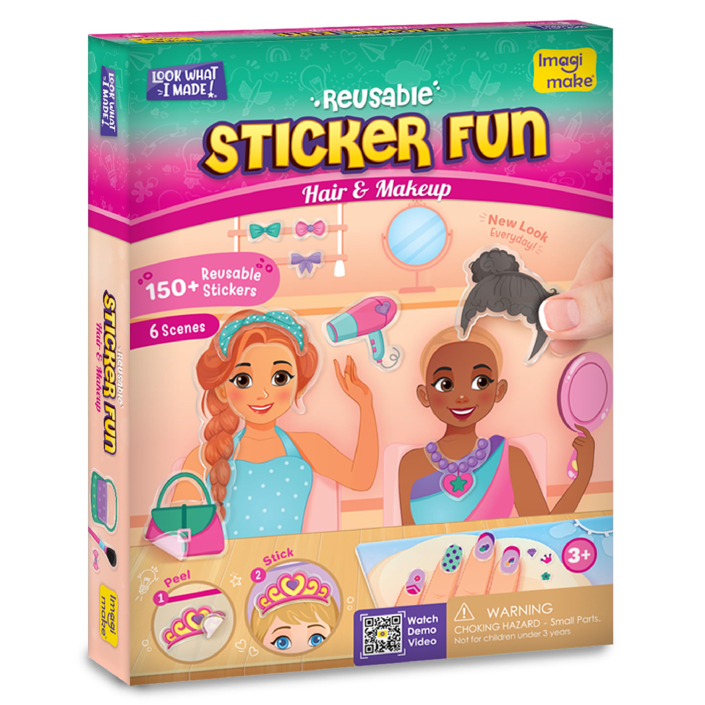 Imagimake Reusable Sticker Fun Hair & Makeup Kit | 150+ Waterproof Stickers | Pretend Play Glam Salon & Beauty Styling Boards | Mess-Free Travel Activity | Birthday Gift for Girls Ages 3-6-image-45