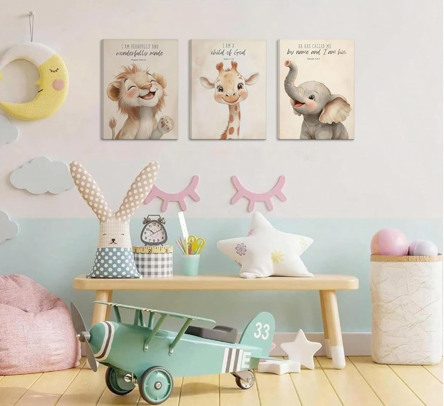 3Pcs Bible Verses Christian Nursery Safari Animals Canvas Wall Art Child of God Cute Animals Picture Wall Decor Lion Giraffe Elephant Poster Print Artwork for Kids Boys Girls Room Home Decoration