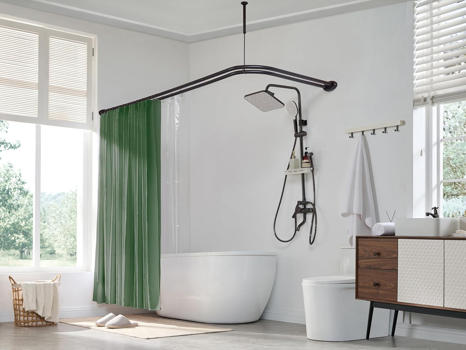 Utopia Alley Rustproof Wall Mounted Aluminum Double L Shaped Shower Curtain Rod 72" L x 31.7" W, with 24 Shower Hooks included & Ceiling Support (Oil Rubbed Bronze)