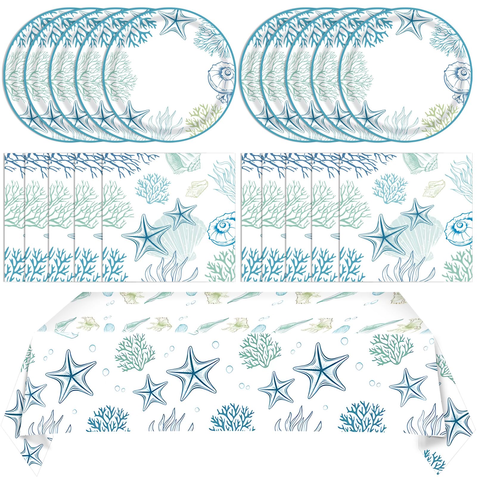 41Pcs Ocean Seashell Party Supplies Kit,Coastal Beach Disposable Party Tableware Decorations,Starfish Coral Paper Plates Napkins and tablecloth for Kids Summer Birthday Baby Shower, Serves 20