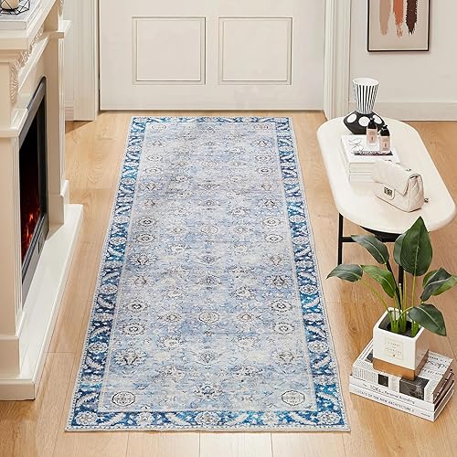 Floralux Alfombra lavable de 2 x 6 pies, color azul, ultrafina, antideslizante, para pasillo, lavandería (2 x 6 pies, azulmulticolor)