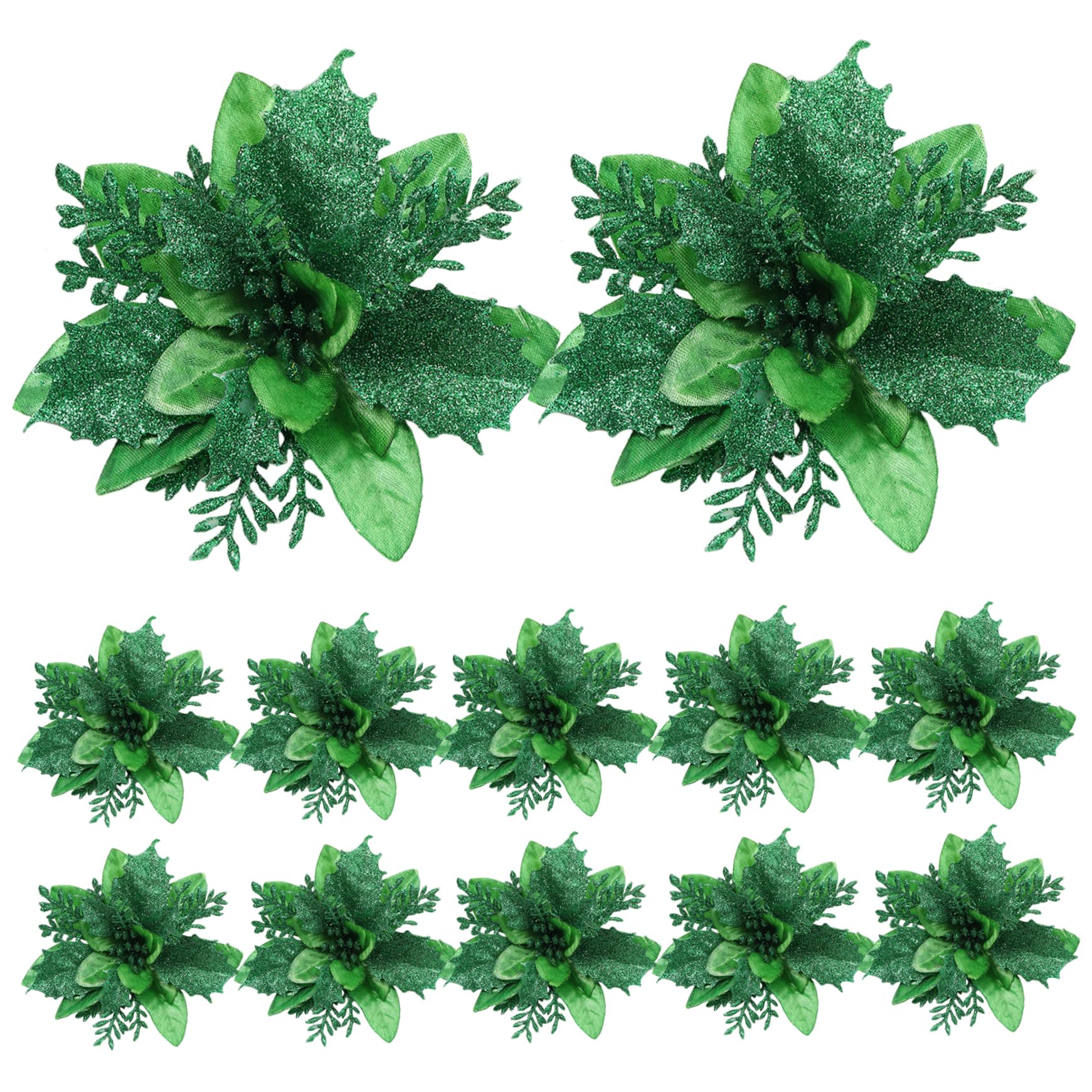 Décorations de sapin de Noël fleurs poinsettia vert lot de 12