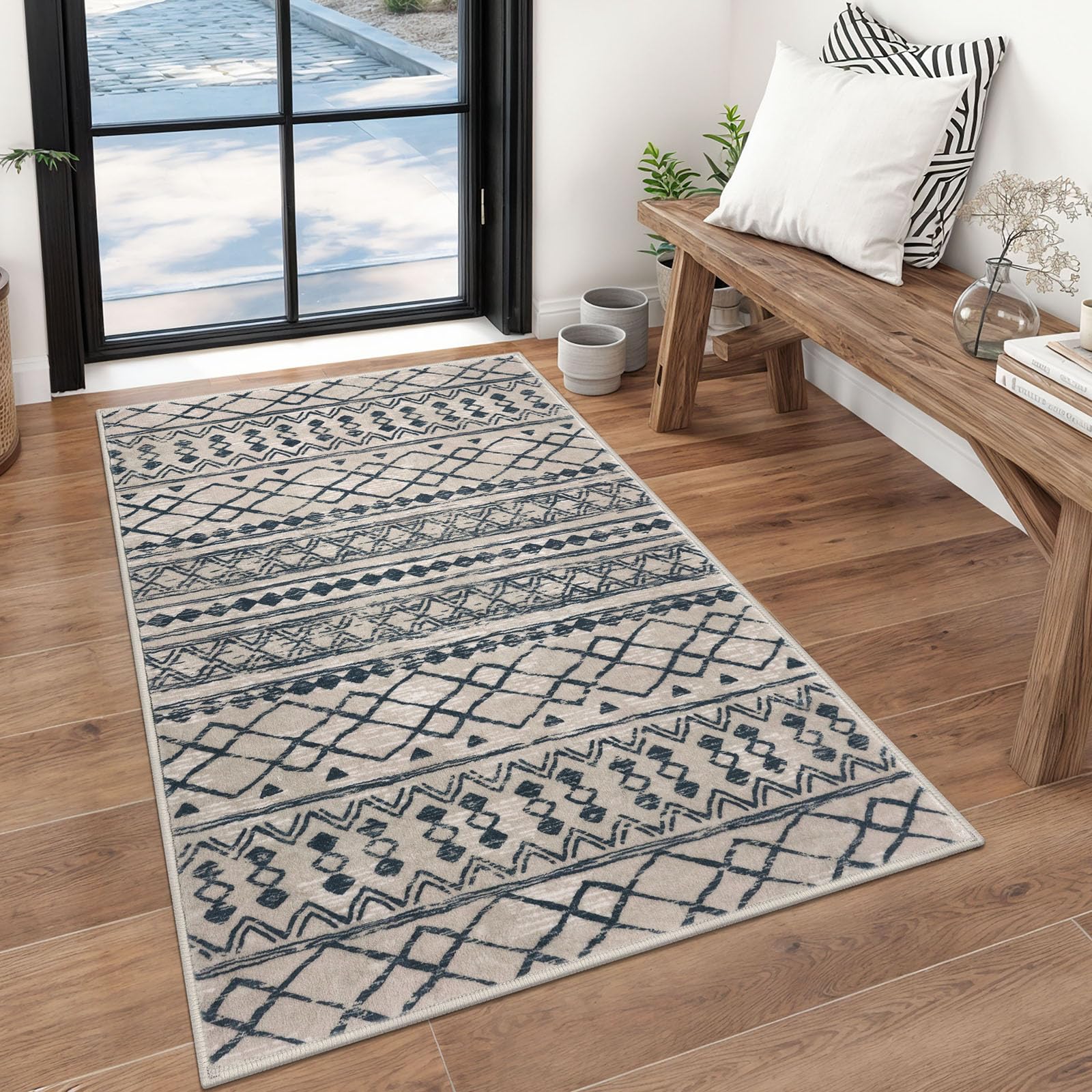 KUTA 3x5 Rugs for Entryway Boho Area Rug for Living Room, Moroccan Brown Black Washable Rugs Non Slip, Ultra Soft Print Distressed Geometric Low-Pile