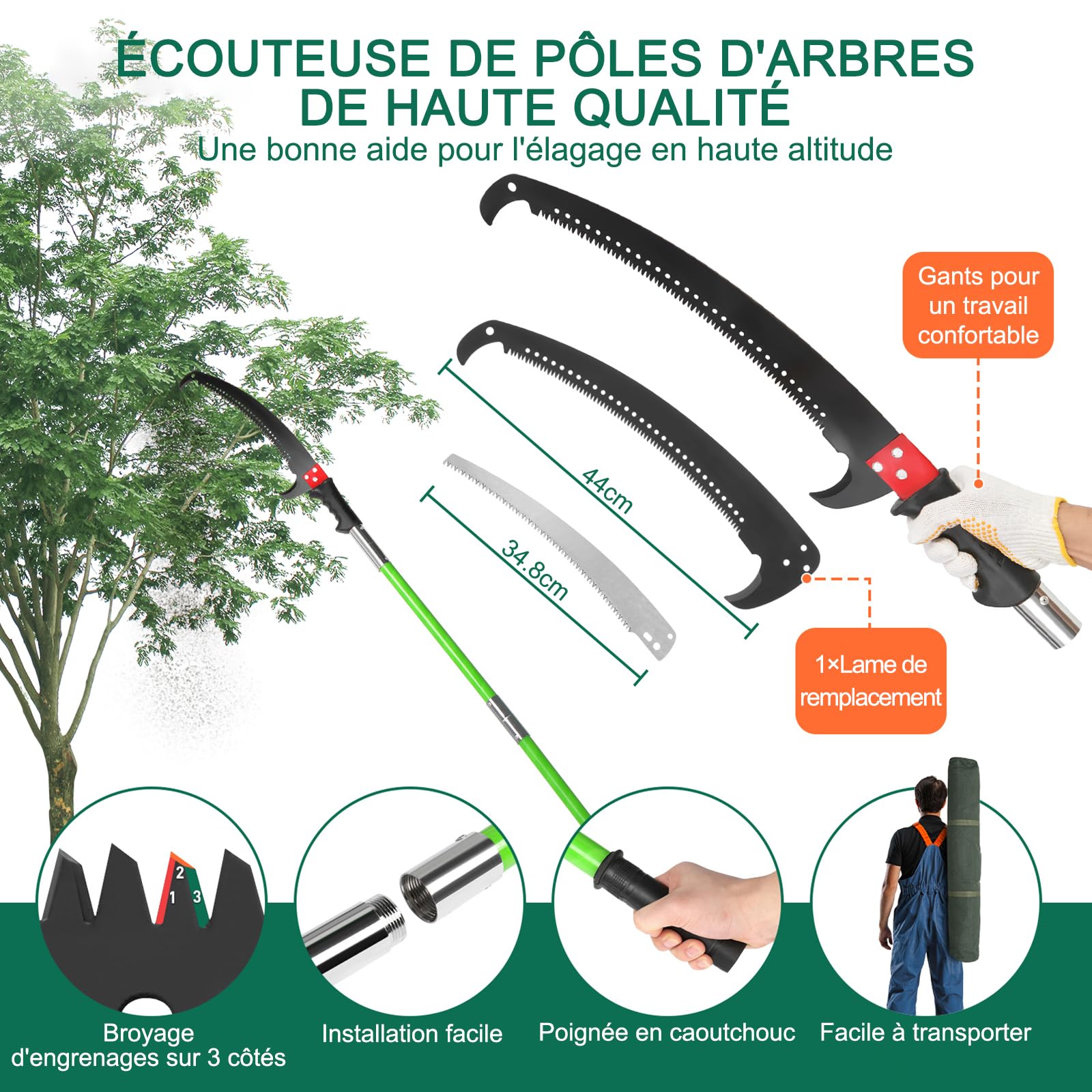 LEADZM Sierra de podar telescópica 2-7,3 m Sierra de poste extensible hoja de acero afilado Sierra de podar con 7 postes de fibra de vidrio, tijeras de corte de ramas altas para podar palmeras