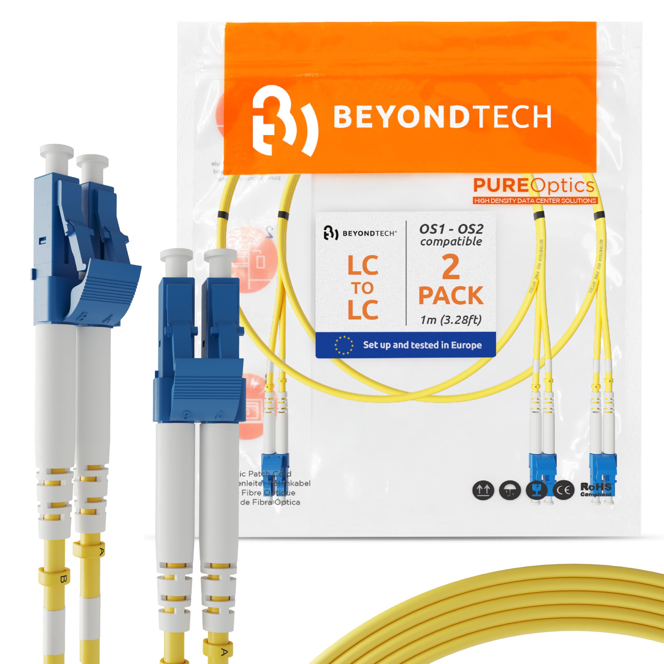 BEYONDTECH 1m (3.28ft) LC to LC Fiber Patch Cable – (2 Pack) UPC Single-Mode Duplex Fiber Optic Cable – 9/125µm core, Compatible with OS1 & OS2 – LSZH