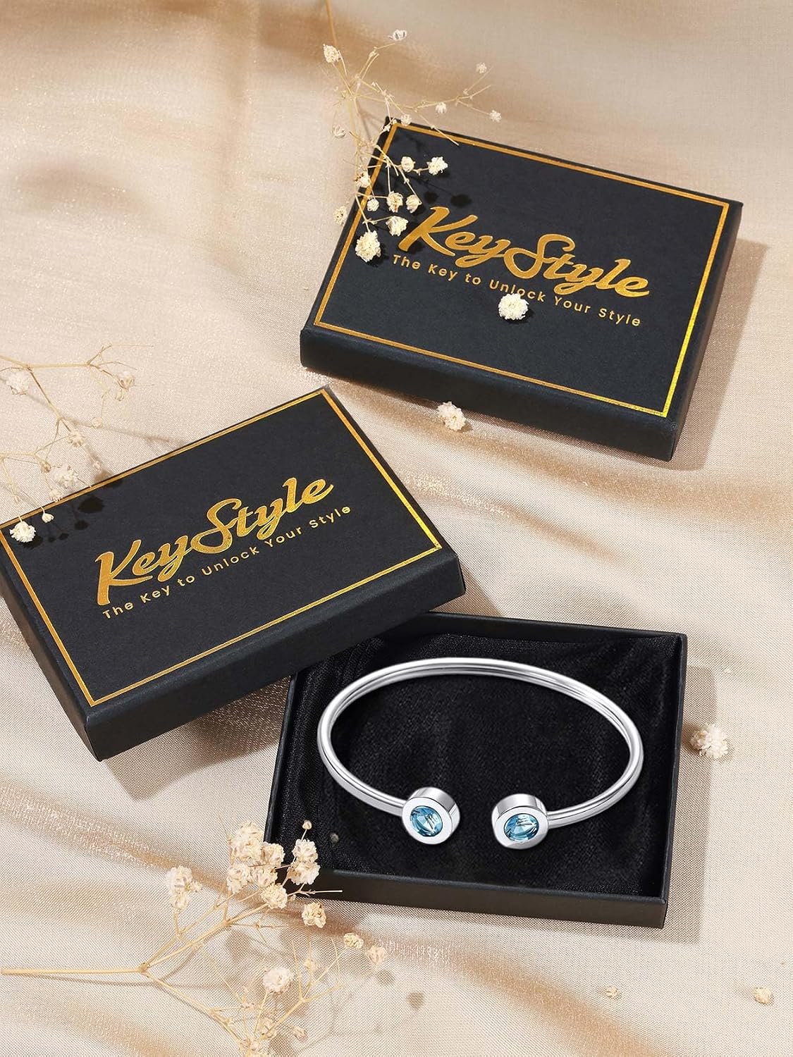 KeyStyle Stainless Steel Birthstone Bracelets for Women,Jan - Dec Birthday Cuff Bracelet fit Wrist from 6.7"-7.6",14K Gold Plated Bangle Bracelets Come with Box