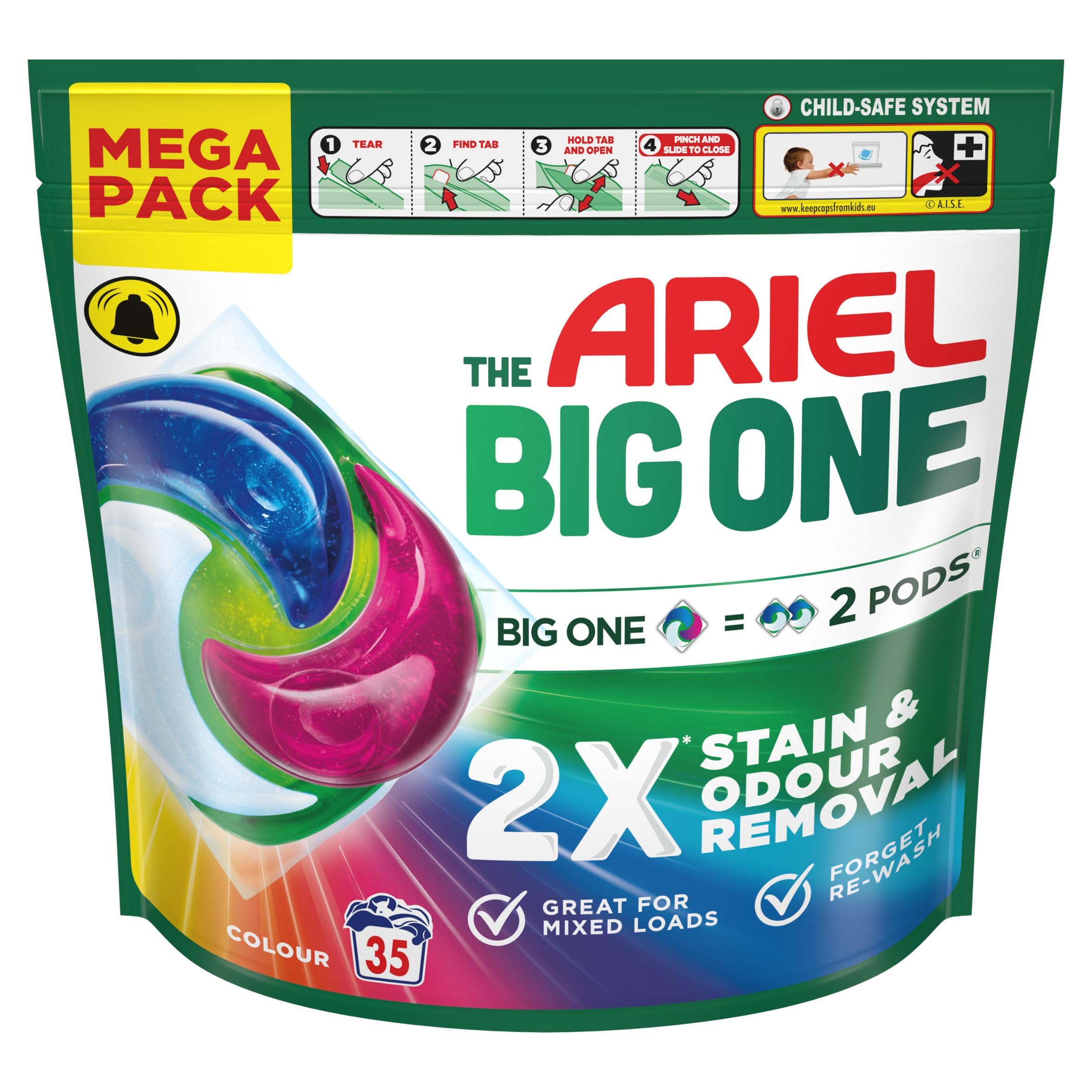 Ariel The Big One PODS, detersivo liquido per bucato in capsule 35 lavaggi, colore, 2 x rimozione di macchie e odori, si dissolve rapidamente anche a freddo