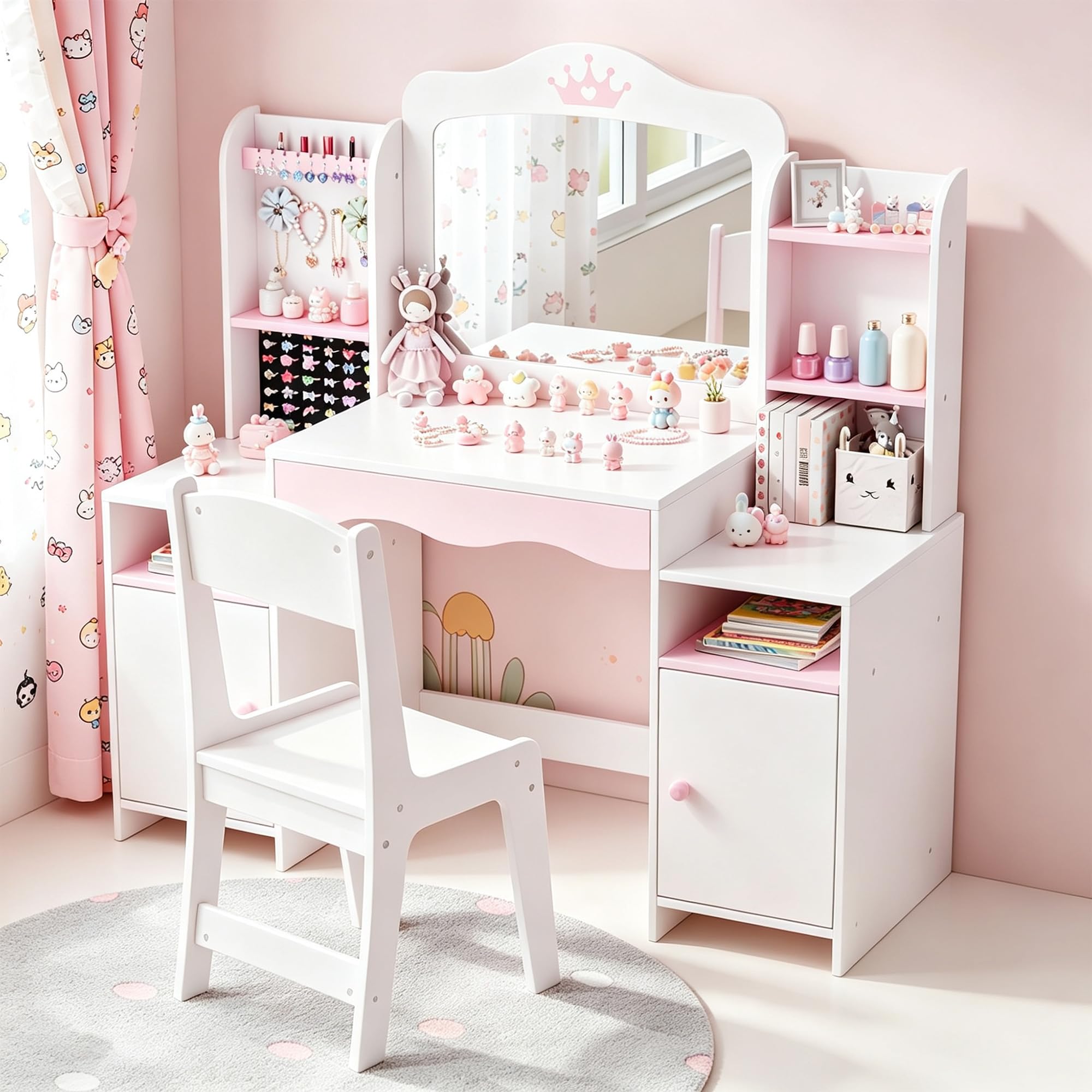 Xilingol Kids Vanity Table and Chair Set,2 in 1 Toddler Wooden Girls Dressing Table,Girl Vanity with Mirror Shelves, Drawer & Cabinet,Jewelry Storage,Princess Makeup Desk for 3-7 Years Old