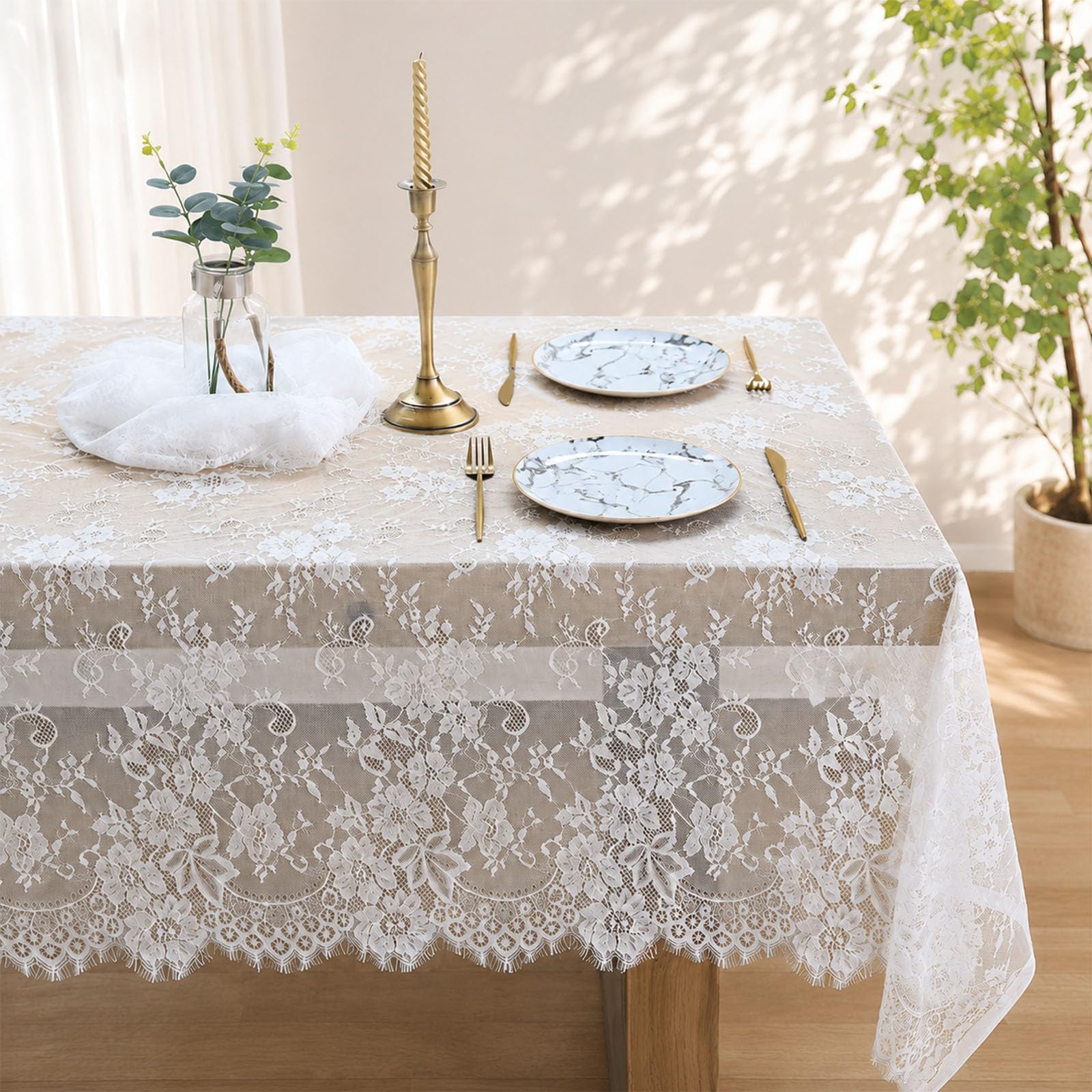 QhgPnt Lace Tablecloth, White Rectangular Cotton Table Cover, Elegant Table Setting for Wedding and Party Decorations, Outdoor Picnic Protection, 150 cm by 300 cm Dimensions
