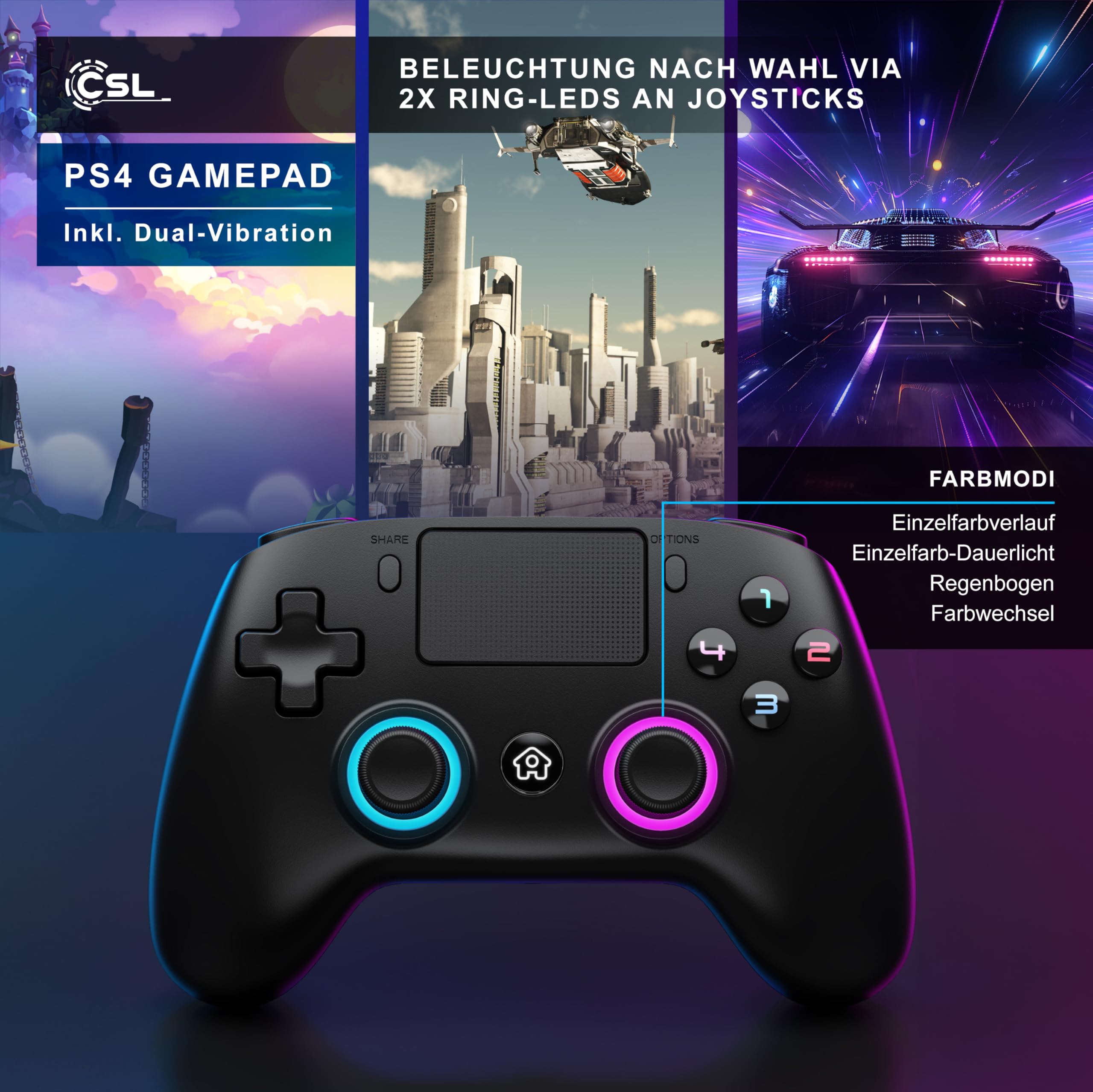 CSL - Wireless Gamepad für PC und PS4 - PC Anschluss - Wireless Controller - Dual Vibration - Headset Ausgang - Turbo Funktion - Touchpad - Share-Taste - M-Taste für freie Belegung