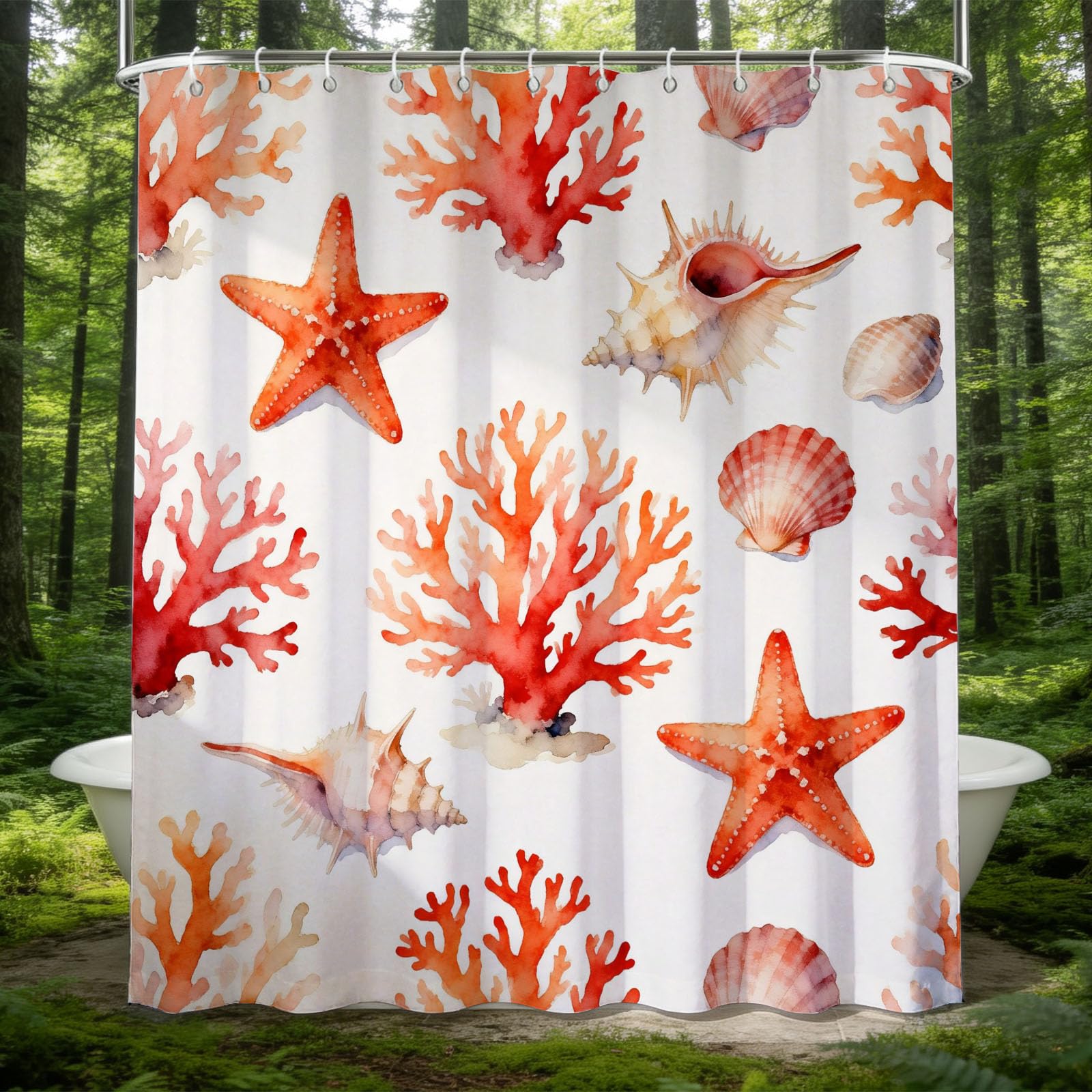 Hongduo 3D Coral & Starfish Shower Curtain for Stalls Bathtubs Watercolor Printed Bathroom Decor Shower Curtain Set Polyester Fabric Waterproof 180x200cm/71X79 Inch with Hooks