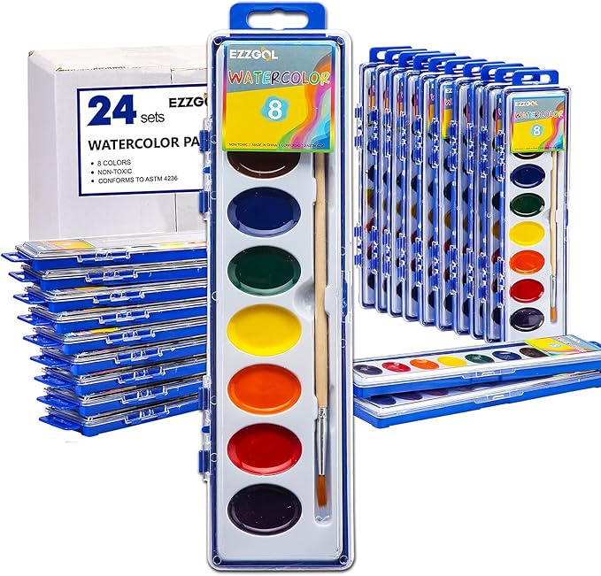 Ezzgol Watercolor Paint Sets Bulk Pack of 24, 8 Colors